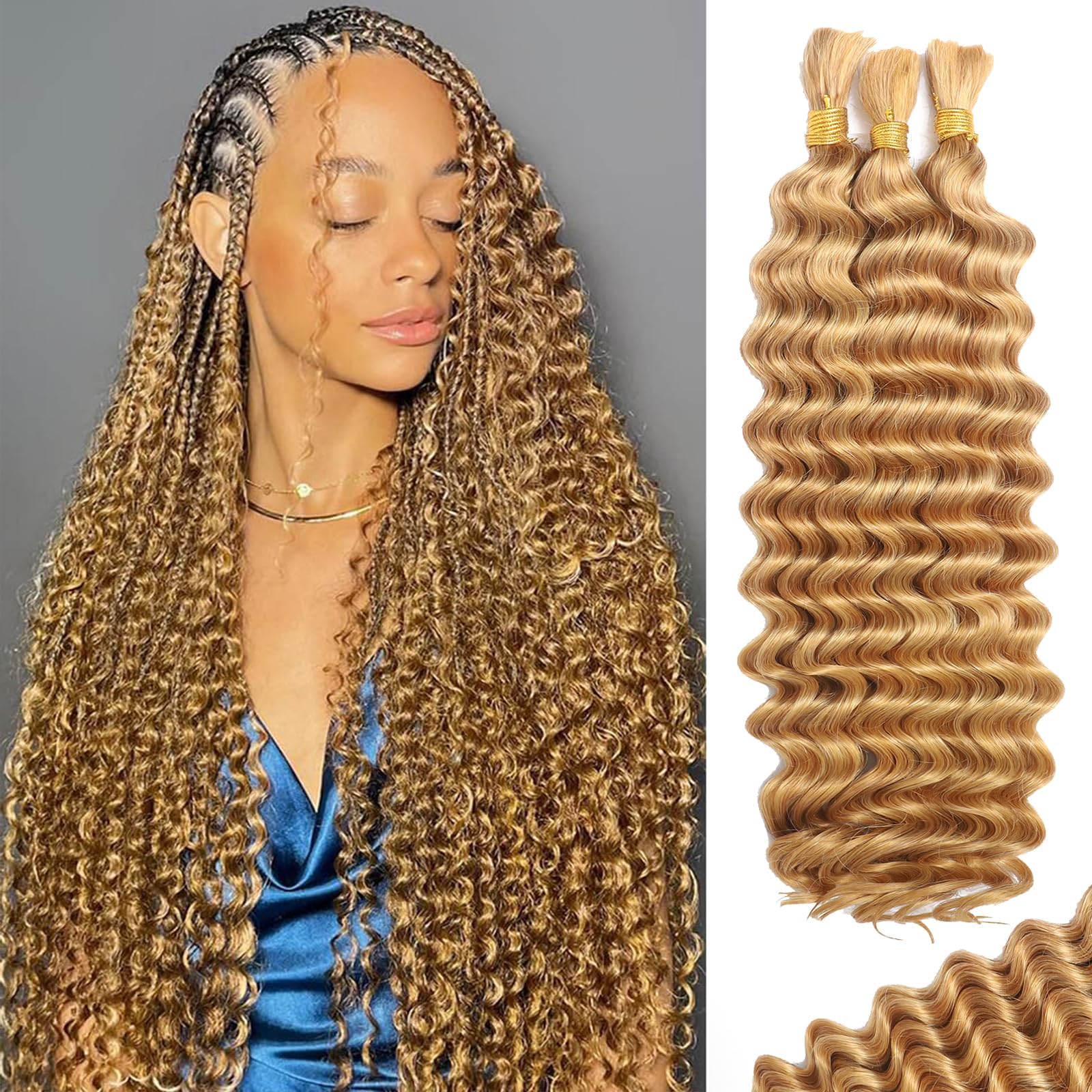 Human Braiding Hair for Boho Braids Human Hair 110g 18 Inch Curly Boho Hair for Braiding Knotless 12A Deep Wave Bohemian 3 Bundles/Pack Caramel Honey