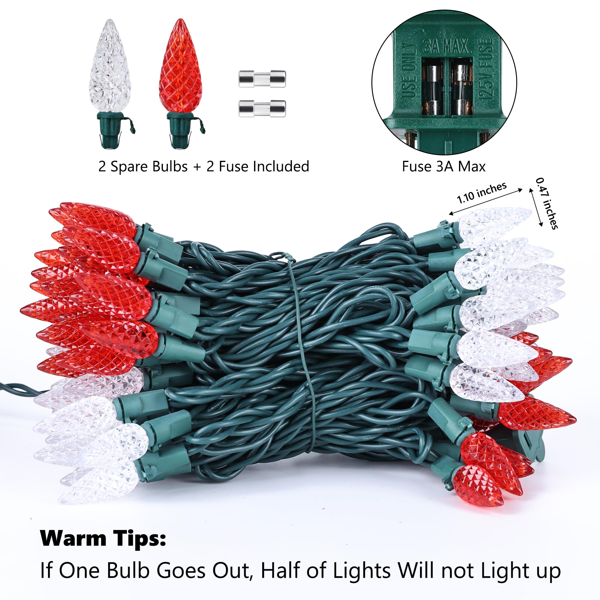 Luces facetadas conectables de 120 V con certificación UL, para interiores y exteriores, para decoración de árbol de Navidad, fiestas, techos, color rojo y blanco, 33 pies, 100 ledes C5 4
