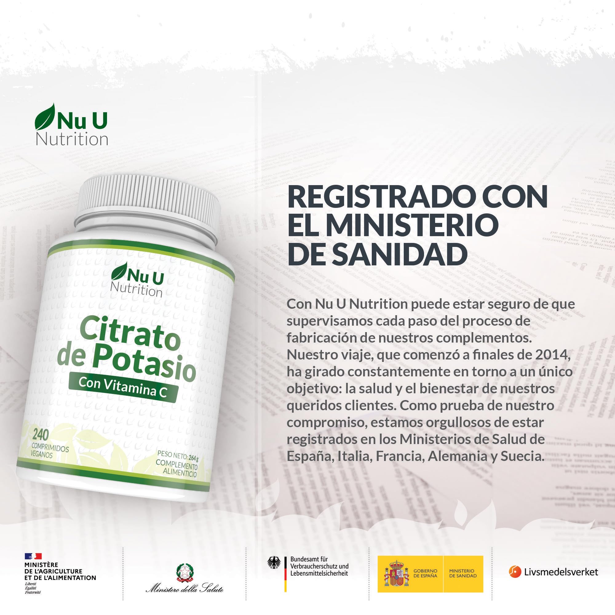 Potasio 1550mg con Vitamina C - 240 Comprimidos Veganos - Suministro Para 4 Meses - 500mg de Citrato de Potassium Activo de Alta Potencia - Fabricado en Europa - Nu U Nutrition