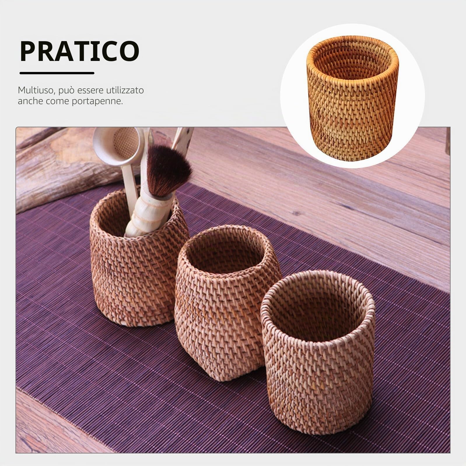 Healifty Contenitore Cilindrico in Vimini Intrecciato Per Set Da Tè Organizer Scrivania Ufficio E Porta Penne Cesto Multiuso in Rattan Naturale Per Casa E Ristorante 3.15X3.15X3.94In
