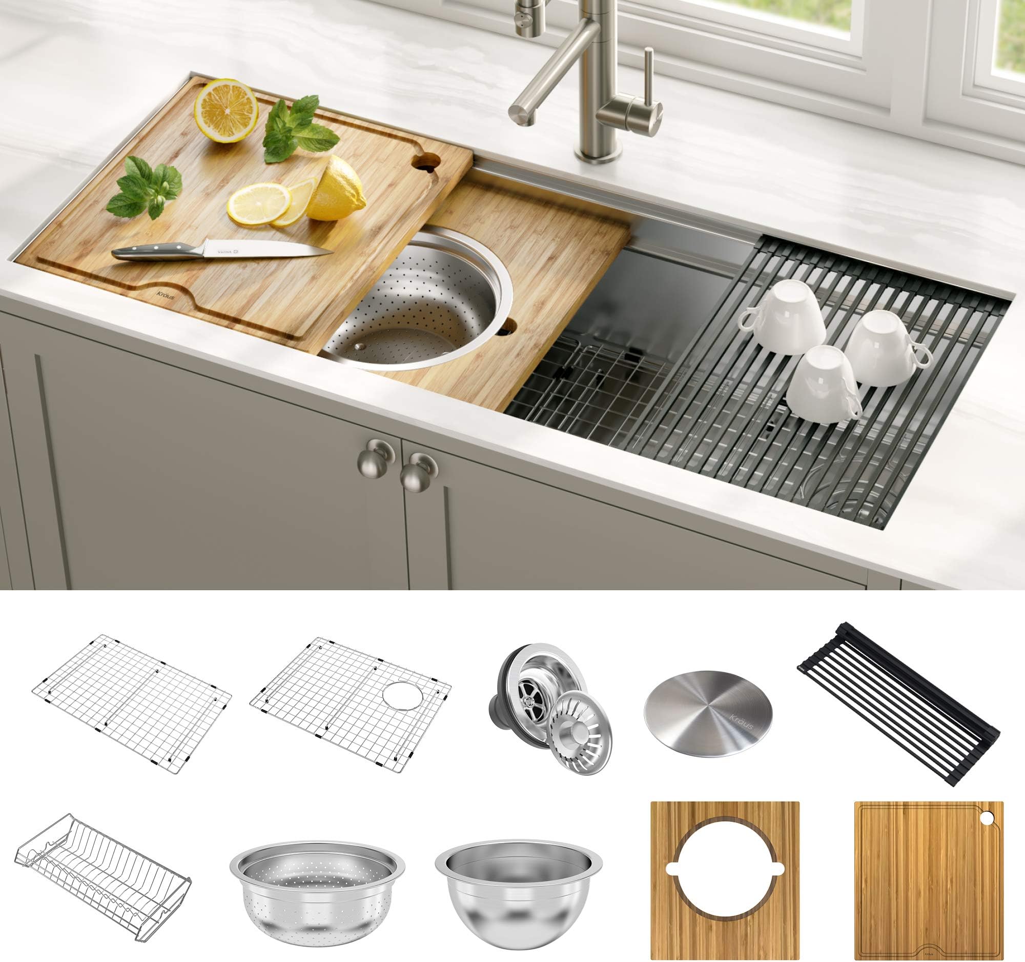 Kraus Kore 2-Tier Workstation Undermount 16 Gauge Single Bowl Stainless Steel Rust-Resistant Finish Kitchen Sink with Integrated 2-Step Ledge and Accessories (45-inch) - Pack of 10