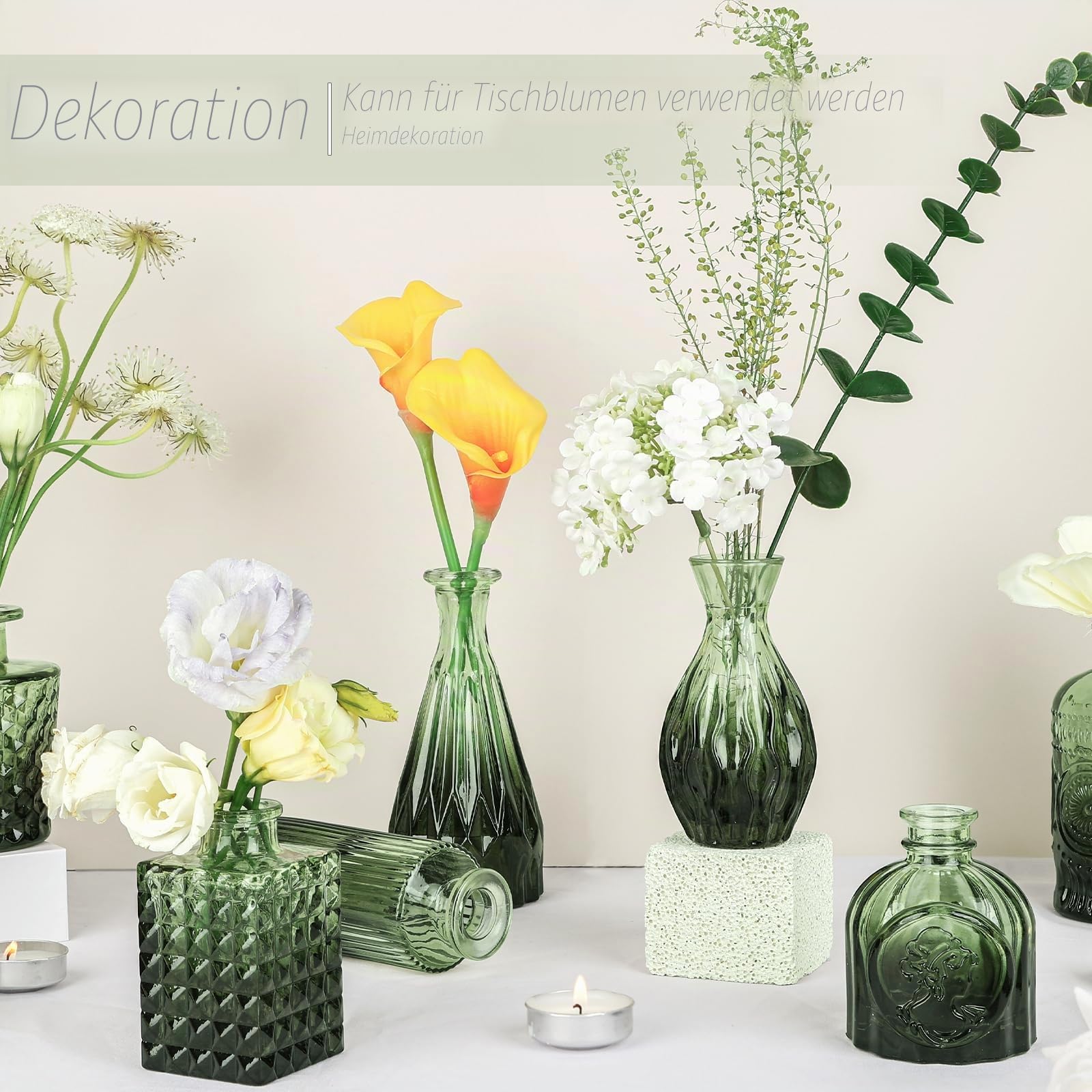 TBWIND Glasvasen, 24 Stück, kleine grüne Blumenvasen für Tafelaufsätze, Mini-Vintage-Vase für Hochzeitsdekoration, einzelne Blumen und Tischdekoration