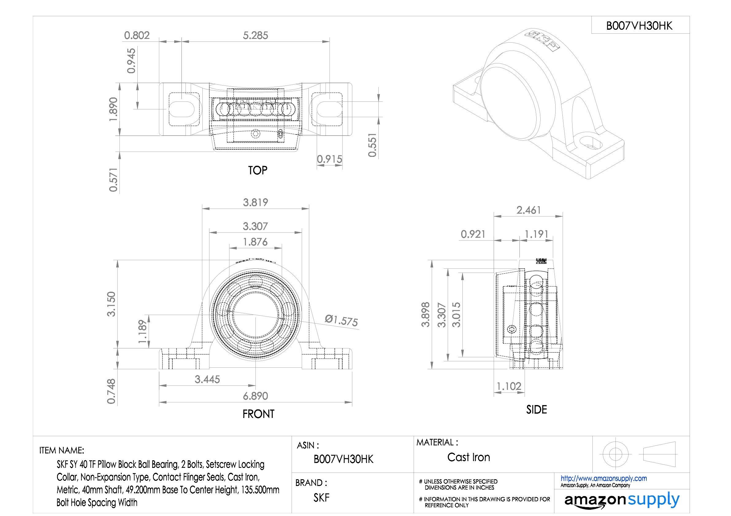 SKF cuscino blocco cuscinetto a sfera, 2 bulloni, vite di bloccaggio del collare, non-ampliamento tipo, contatto Flinger sigilli, in ghisa, metrico, 40mm Shaft, 49.200mm Base To Center Height, 135.500mm Bolt Hole Spacing Width, 1