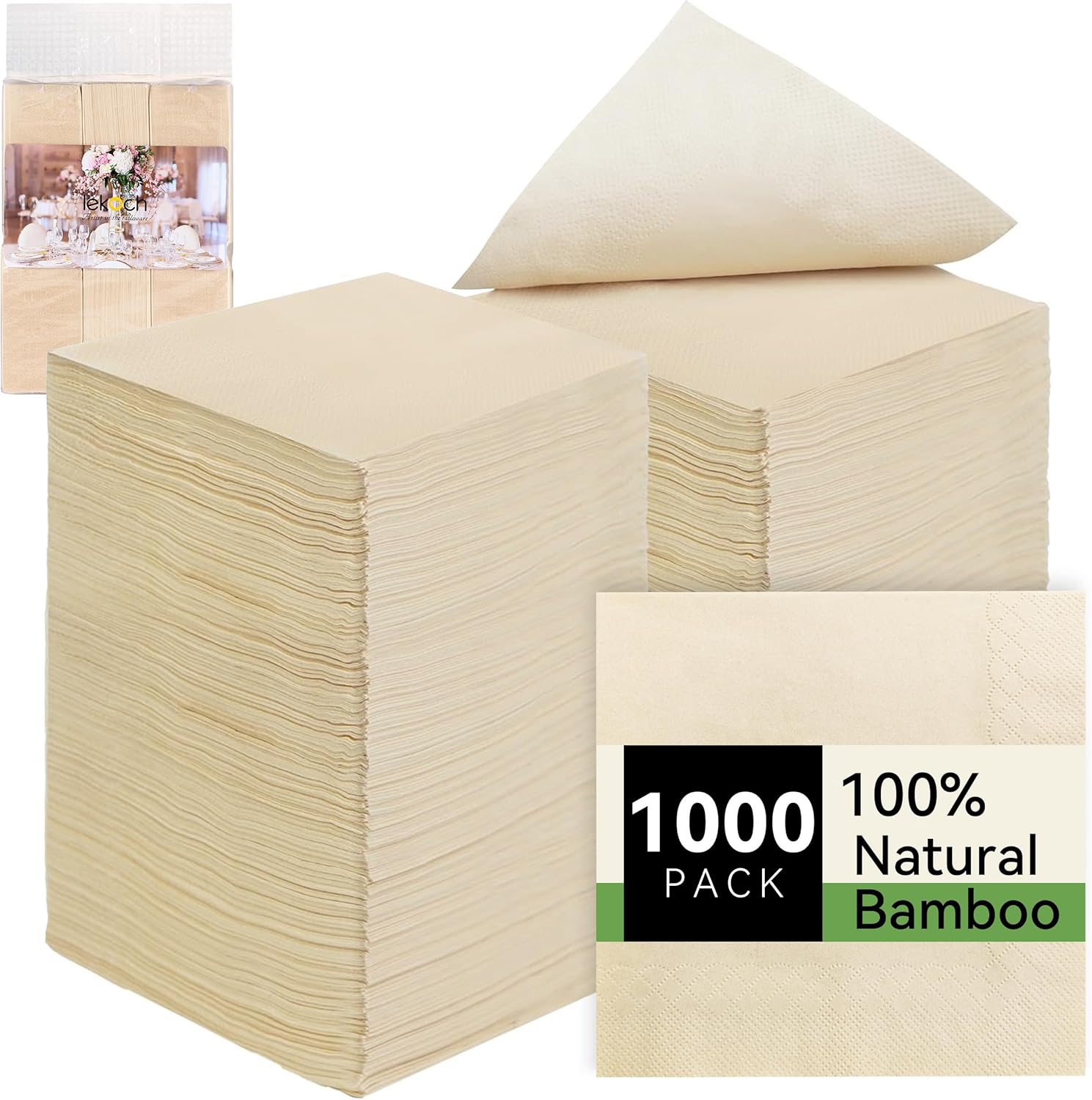 LEKOCH 100% Bamboo Paper Napkins Disposable [5x5 Inch 2-Ply] Compostable Wedding Cocktail Napkins for Parties, Bar, Catering (1000-Pack)