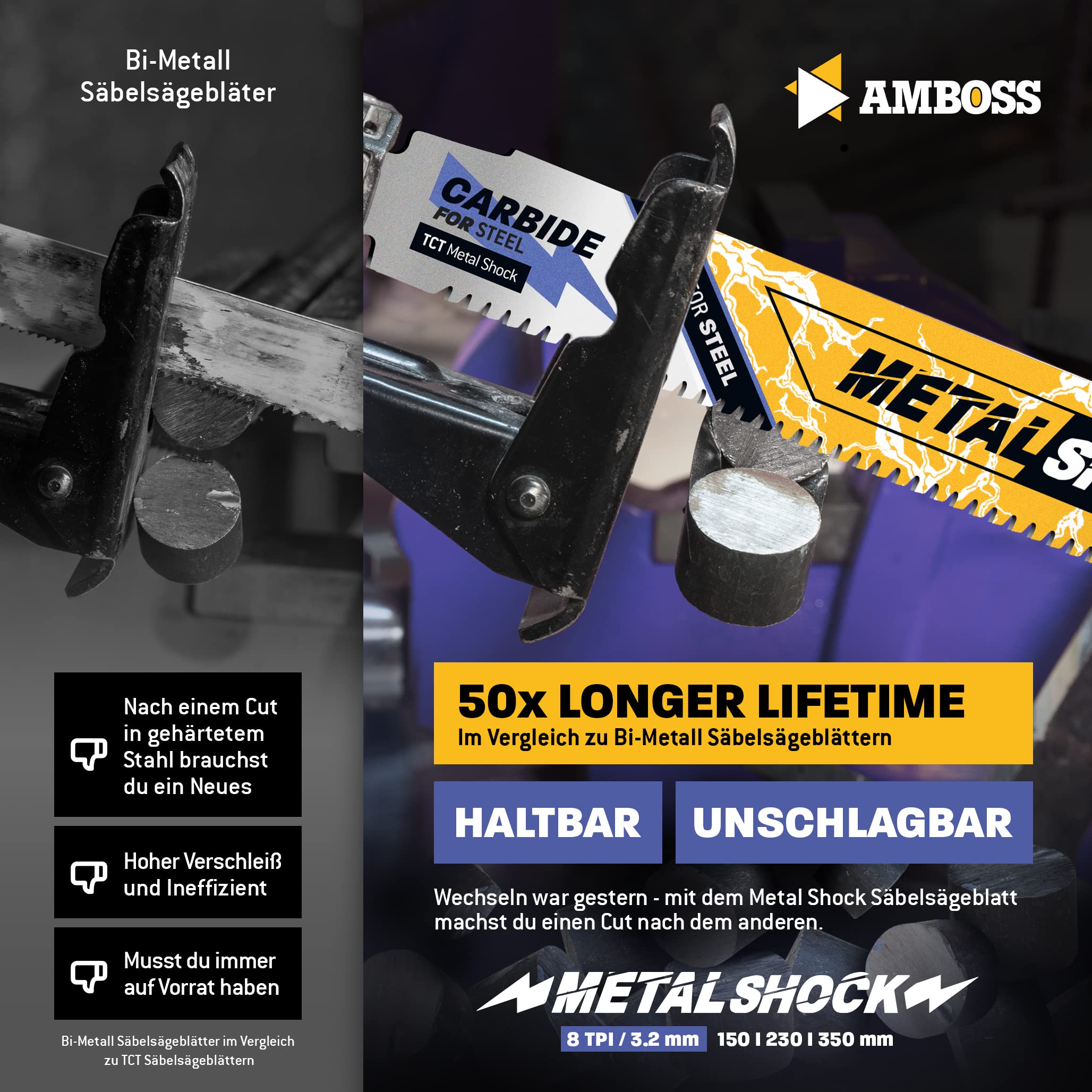 AMBOSS METAL SHOCK - 10x Säbelsägeblatt Länge 150 mm / 8 ZpZ - ideal für Abriss/Fahrzeugrettung/Aufbau/Demontage/Rohrleitungsbau - geeignet für Stahl (Rohre/Profile/Träger) sowie Gussrohre