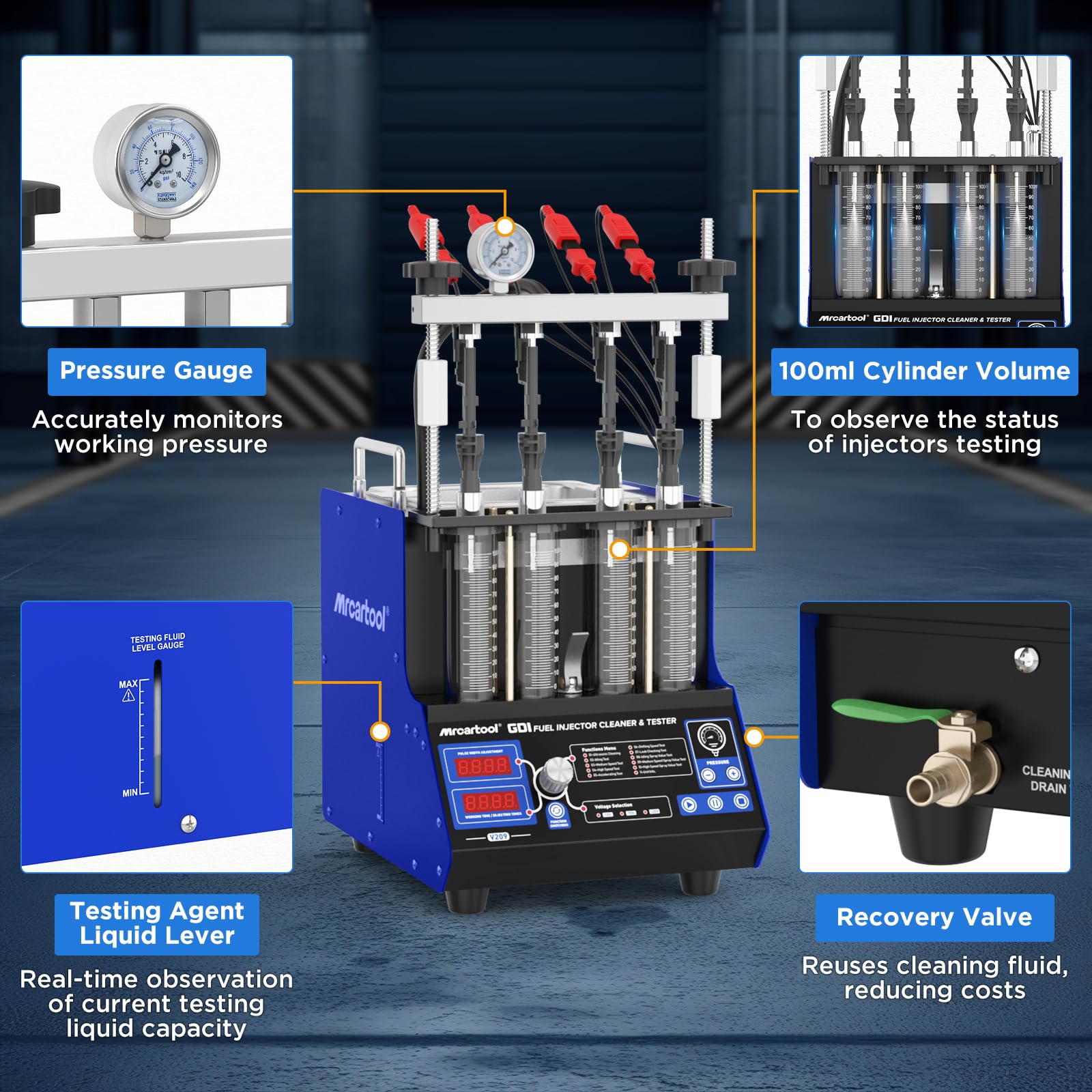 MR CARTOOL Środek do czyszczenia i testera fal ultradźwiękowych z 4 cylindrami do wtryskiwacza GDI EFI FSI, środek do czyszczenia wtryskiwaczy paliwa, tester do pojazdów, motocykli, narzędzi do
