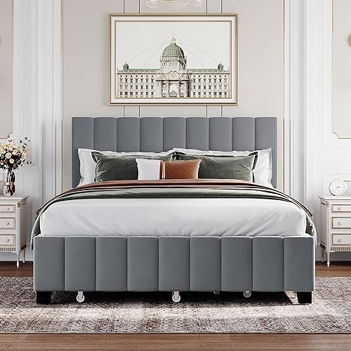 Miniatura 161 de Base de cama LED tapizada tamaño Queen, plataforma flotante de terciopelo con cabecero, MDF moderna y cama de madera contrachapada (beige-081)