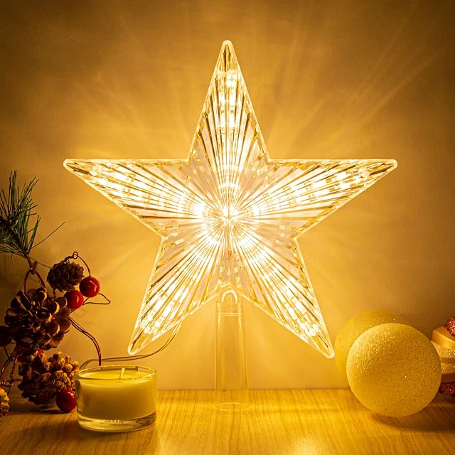 Christmas Tree Topper Decorations - Christmas Tree Topper Light with 10 LED Warm Lights - Golden Xmas Tree Star - Christmas Tree Decorations for Indoor Xmas New Year Holiday