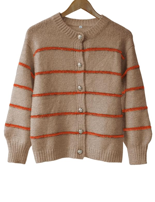 QIBABU Womens Striped Cardigan Sweaters Casual Open Front Long Sleeve Button Down Knit Outwear(2132-Brown-XS-QB) by QIBABU - Used condition - Image 7