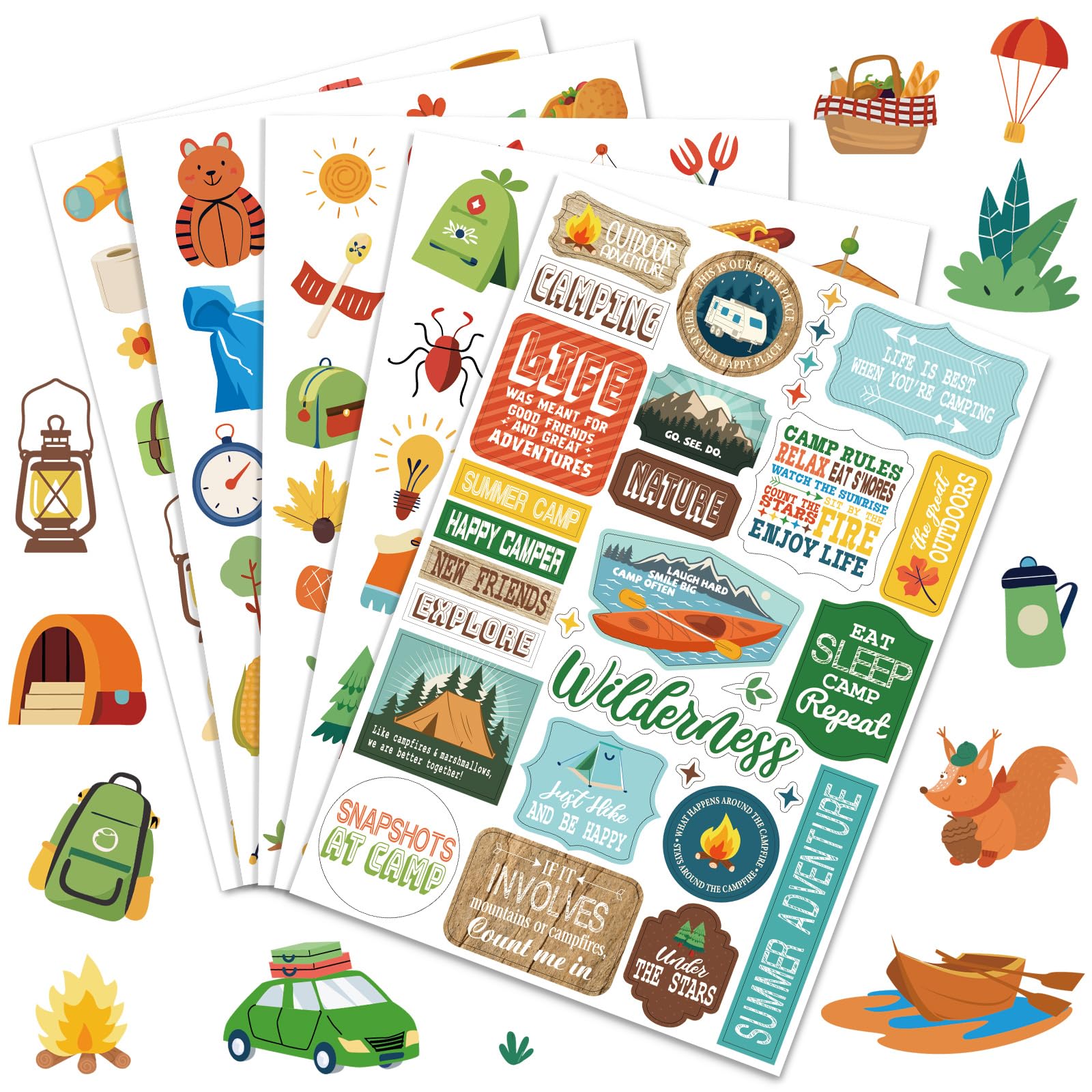 Resholder 600 Pcs Travel Camping Stickers in 20 Sheets Outdoor Adventure Self Adhesive Stickers Nature Decals for Birthday Invitations Envelopes Decoration Goodie Gifts Game Class Reward Party Favor