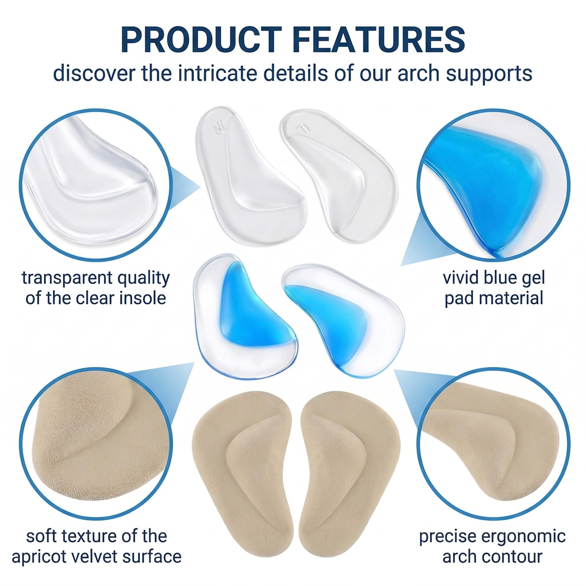 Plantillas Ortopédicas de Silicona para Fascitis Plantar, Soporte de Arco de Gel, 3 Pares