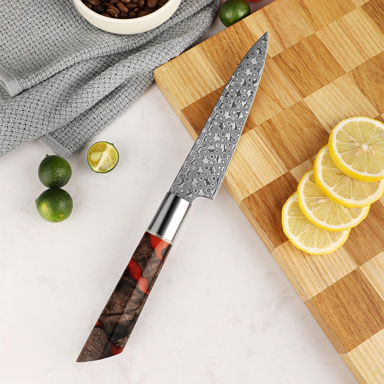 Seido Knives Shinko 5" Petty Knife - Razor Sharp Damascus with Resin Maple Handle