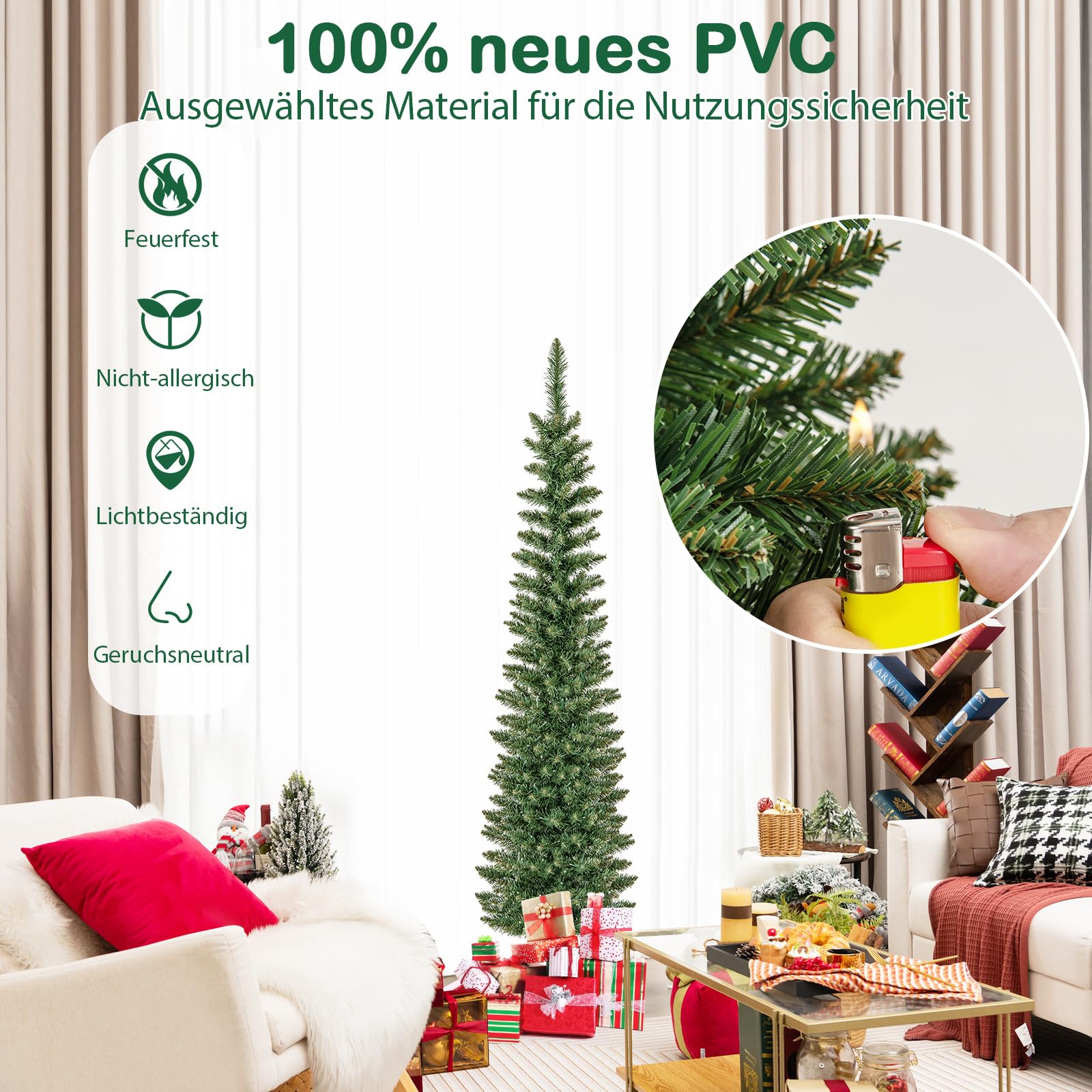 COSTWAY 150 cm Künstlicher Weihnachtsbaum mit Beleuchtung, Bleistift Tannenbaum mit 150 warmweißen LED-Lichtern, Christbaum schmal, Kunstbaum Weihnachten für Zuhause, Grün