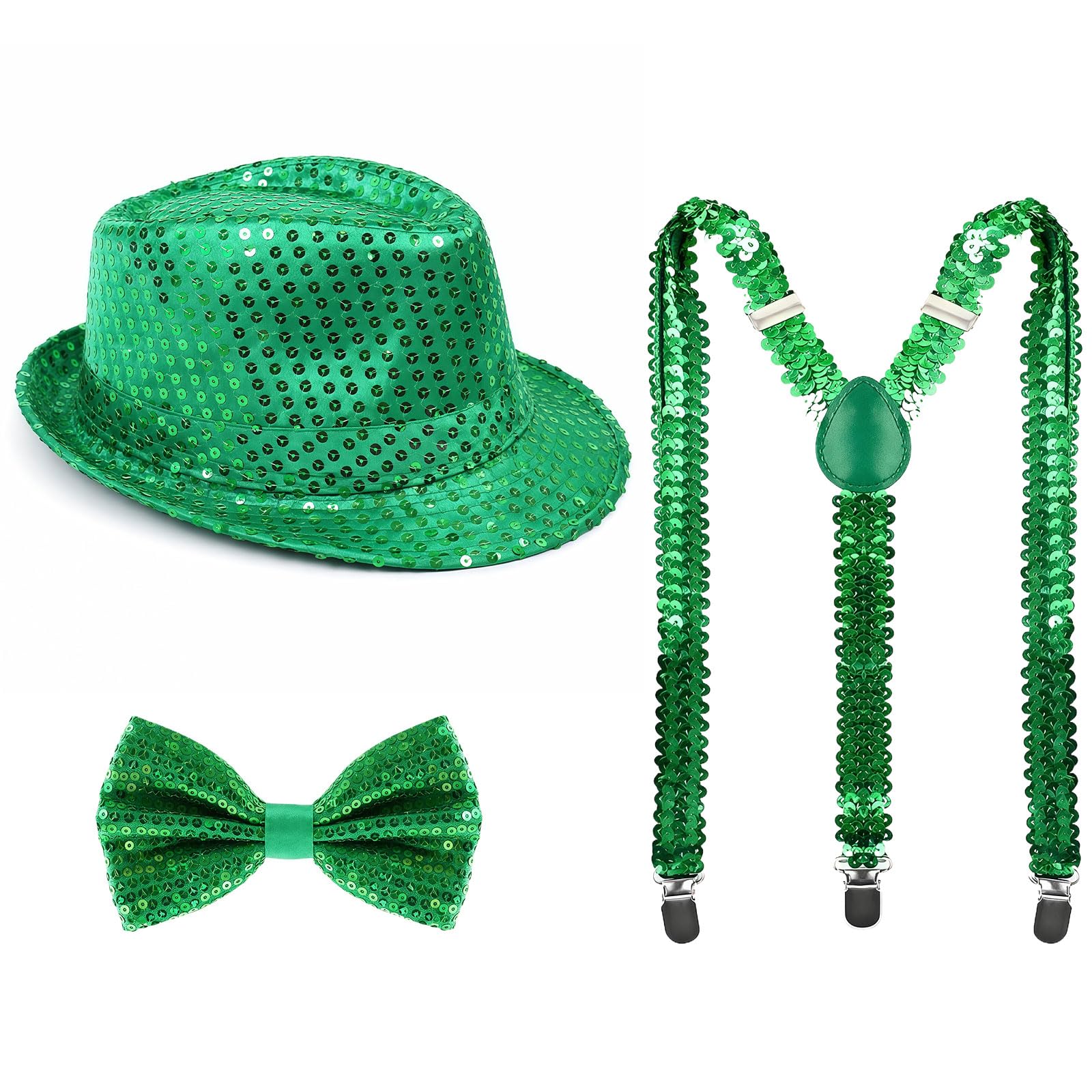 MUNSKT 3 Pieces Disco Costume Jazz Dance Disco Costume Set Gold Jazz Sequins Hat Shiny Suspenders Braces Bow Tie 70s Sequins Accessories for 70s Disco Hip-Hop Theme Party Halloween Fancy Dress (Green)