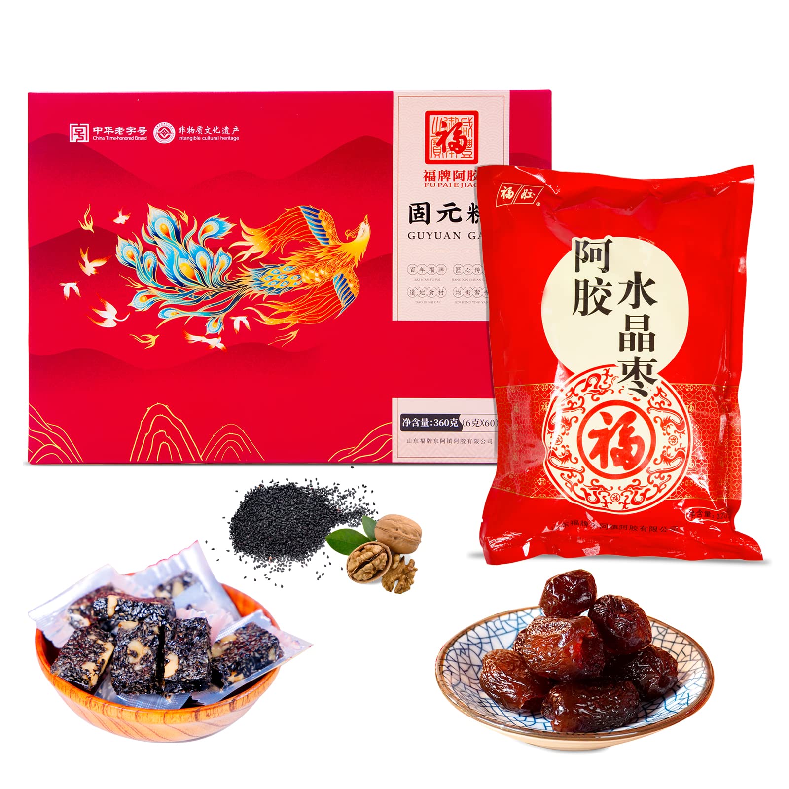 FU PAI E JIAO Colla Corii Asini Tonic Gift Pack, China Healthy Food, Includes one box of Ejiao Cake (360g) and one bag of Ejiao Crystal Dates (320g)