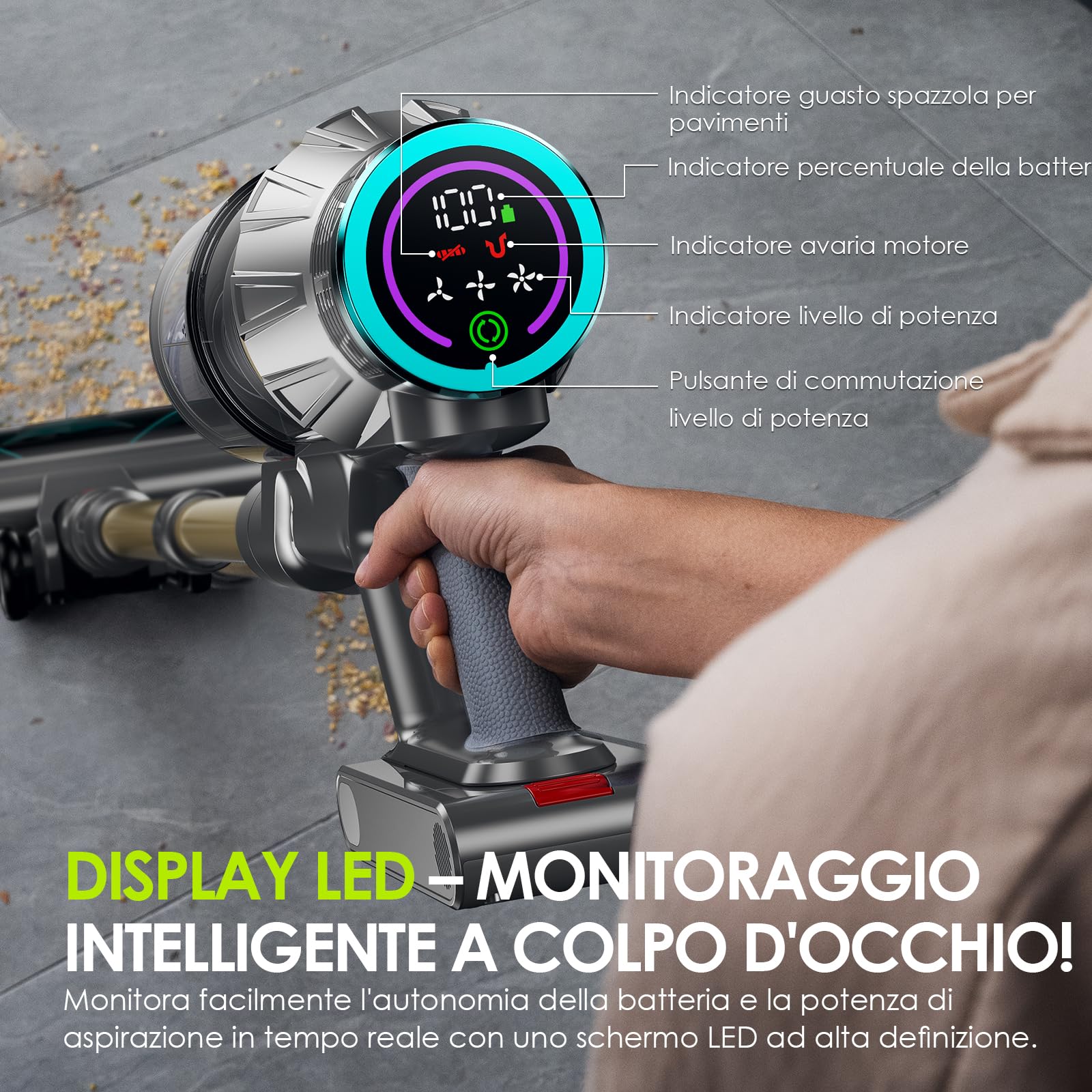 Linkifly XT1 Aspirapolvere Senza Fili Potente, 550W 50KPa Scopa Elettrica, Autonomia 60 Min, Display LED Touch, Batteria Rimovibile, Spazzola Anti-Groviglio, Ideale per Pavimenti e Peli di Animali