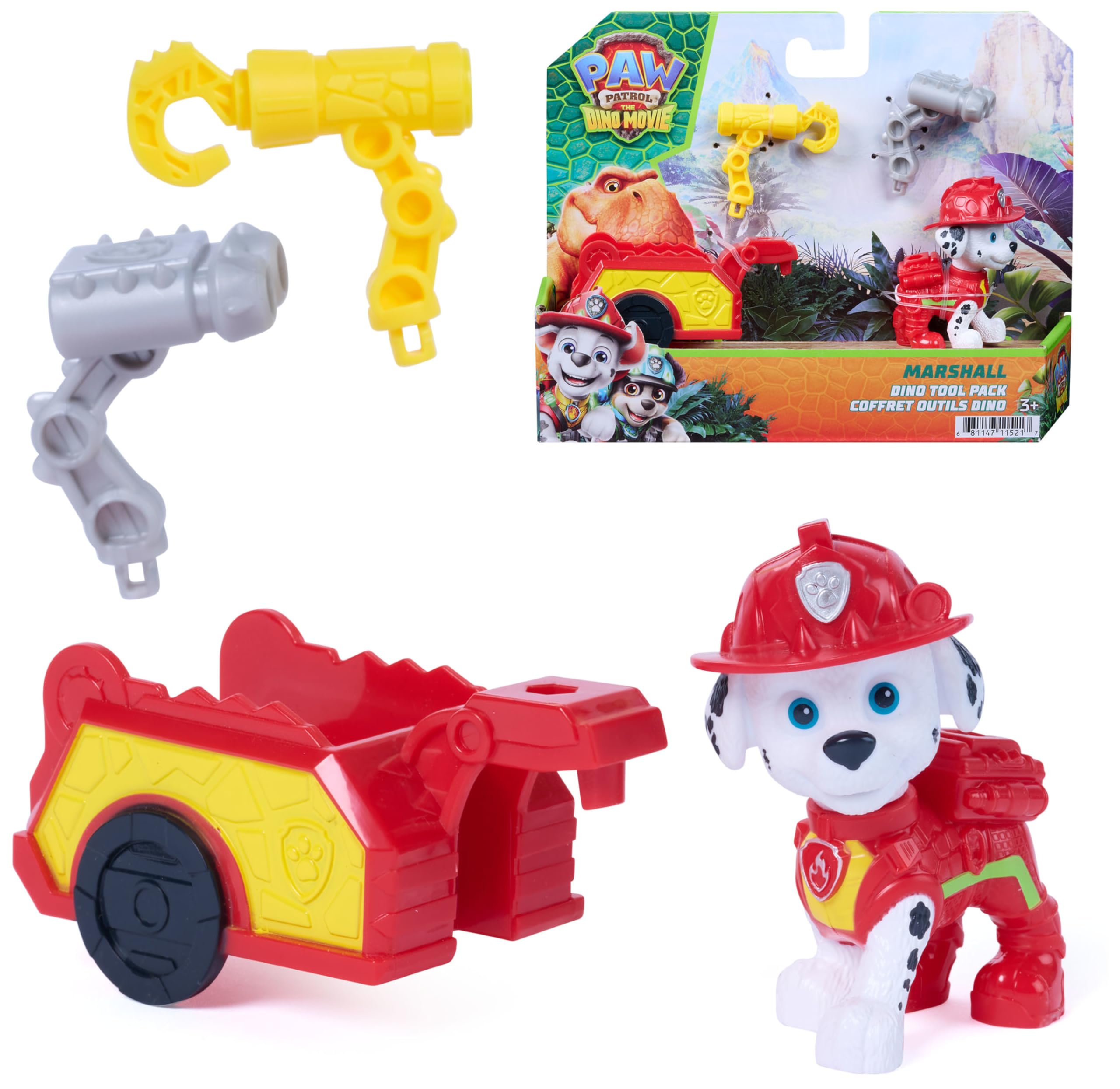 PAW Patrol: The Dino Movie, Marshall Dino Tool Pack, 6,3 cm Action Figure with Attachable Rescue Trailer and 2 Interchangeable Tools, Nursery Toys for Boys and Girls Ages 3+