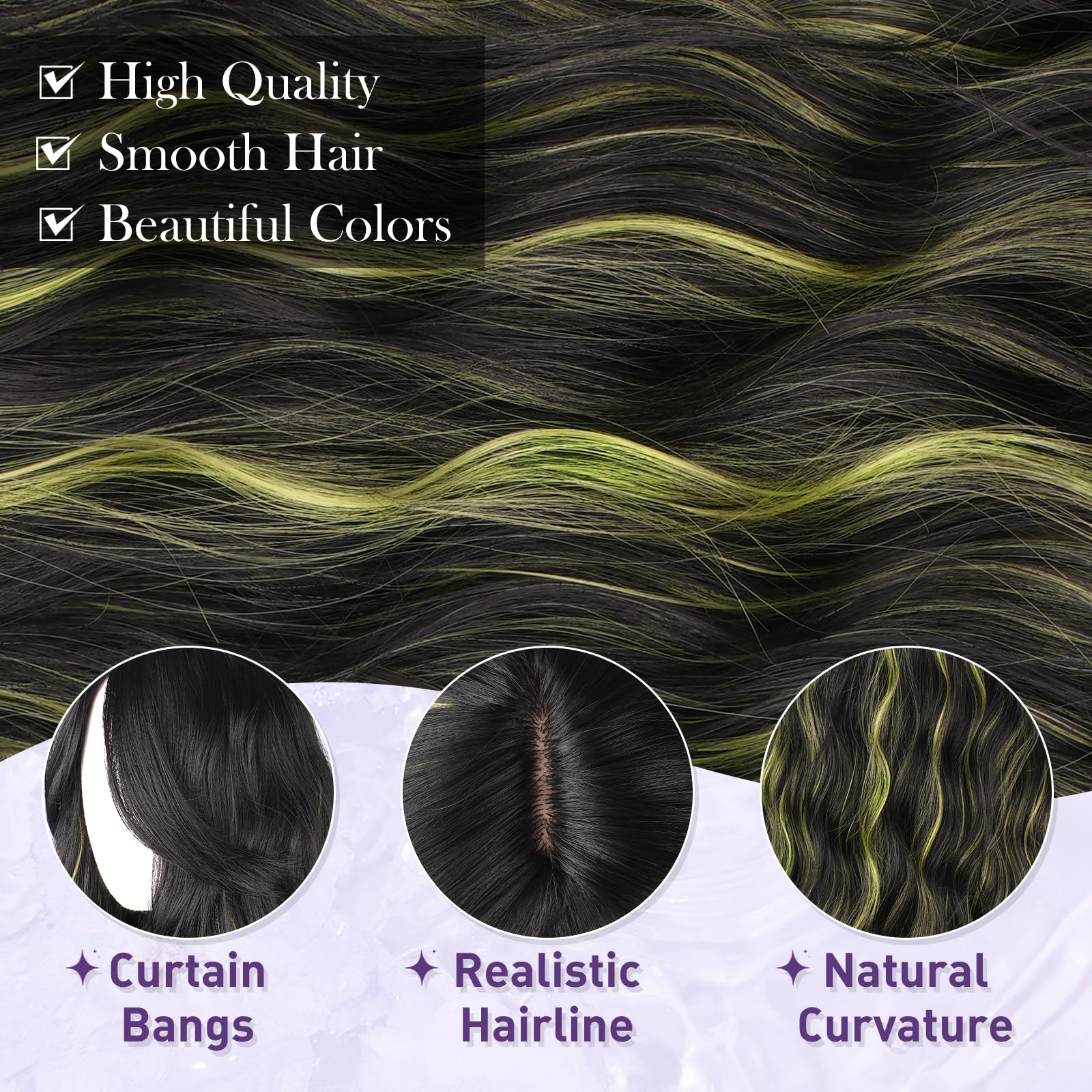 Haloo Long Wavy Synthetic Hair Wig with Curtain Bangs, 26 Inch