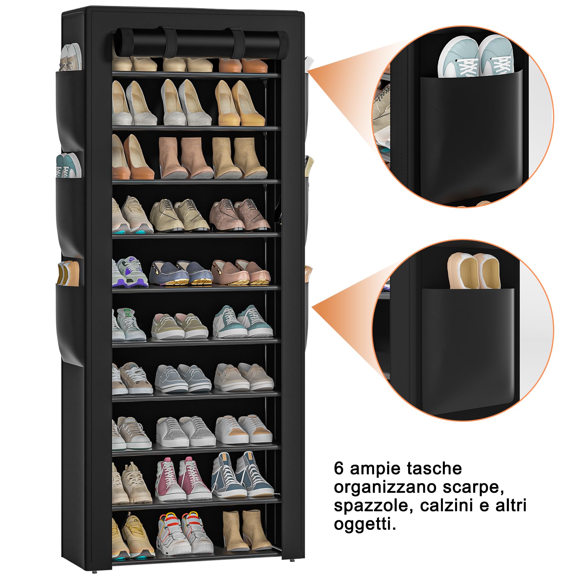 OYREL Scarpiera a 11 Ripiani in Tessuto Antipolvere Chiusa o Aperta, Scaffale Portascarpe con Copertura di Tessuto, 6 Tasche Laterali, per Scarpe da Ginnastica, Tacchi Alti, Ciabatte | Scarpiera grande per 36-41 paia di scarpe, scarpiera chiusa in tessuto