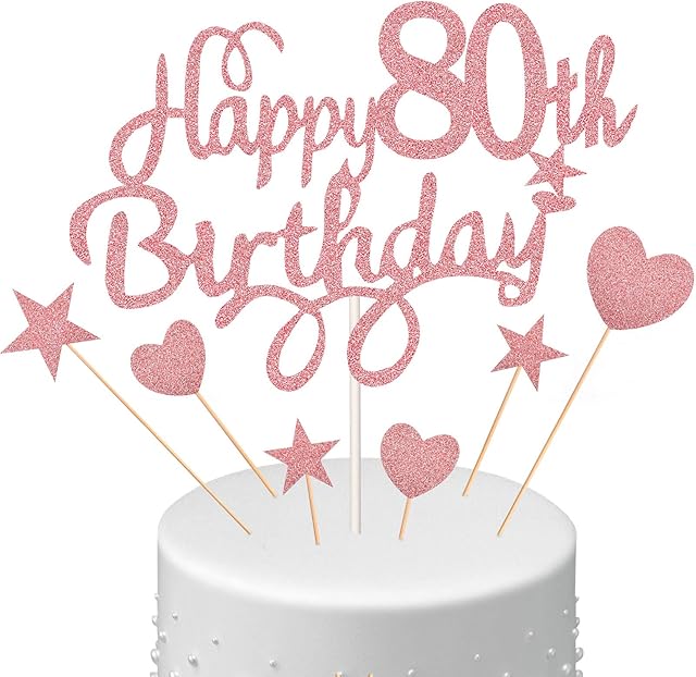 Boao 80th Birthday Cake Toppers for Ladies Women, Happy 80th Birthday Cake Topper with Star Heart Cake Topper 80th Birthday Cake Decorations for Birthday Party Cake Supplies, Rose Gold