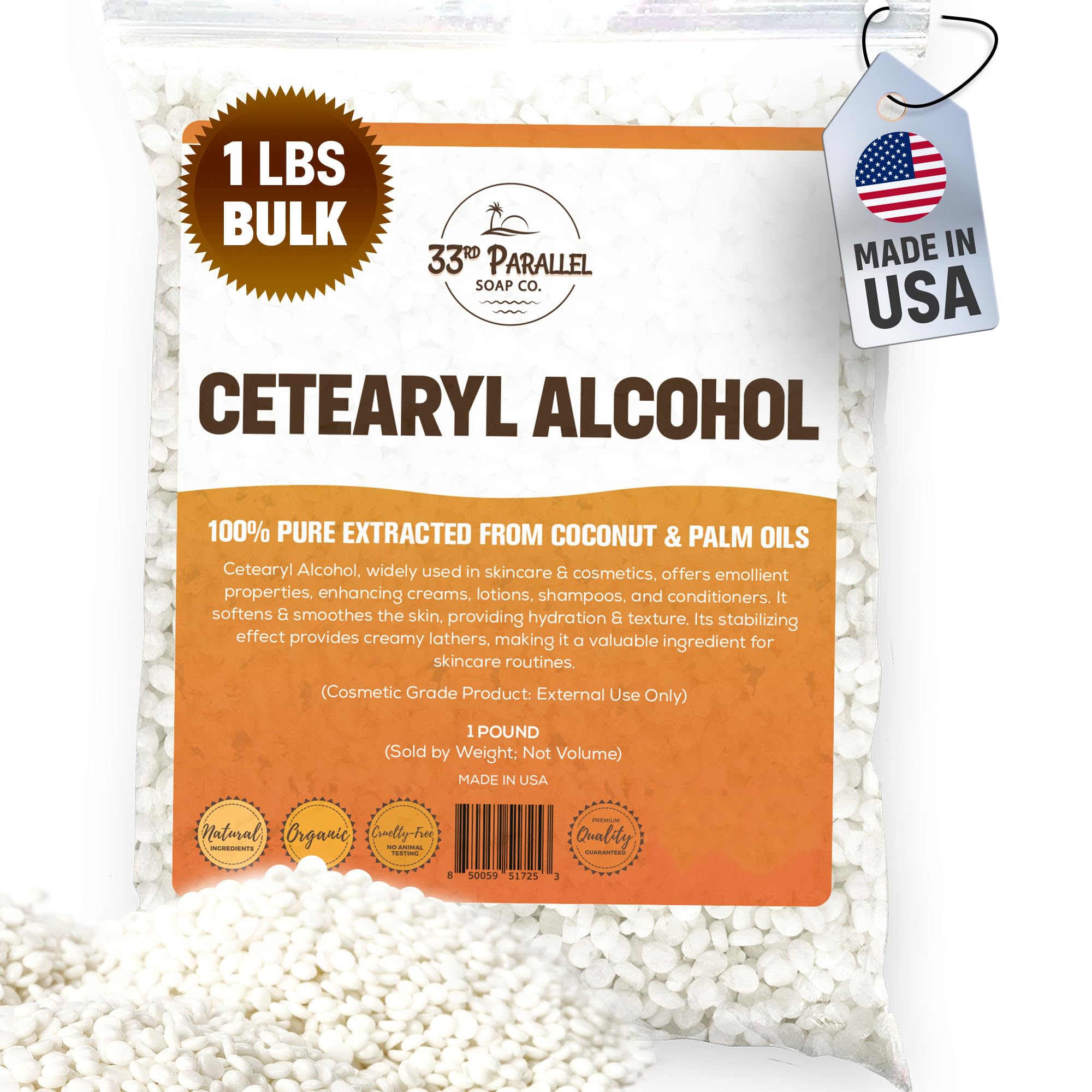 CETEARYL Alcohol (1 lbs / 16 oz) 100% Pure Extracted from Coconut & Palm Oils. Premium Granules Cetearyl Alcohol for Lotion Making, Creams, Scrubs, Shampoos, Conditioners, Moisturizers | 1 Pound