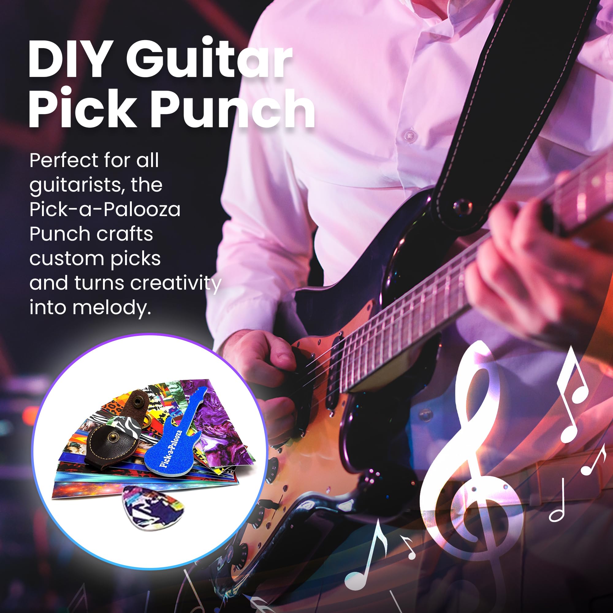 Púas de guitarra DIY Mega Pack de regalo – El fabricante de púas de guitarra premium – Incluye soporte de cuero para llavero, 15 tiras de púas y un archivo de púas, perforador azul,