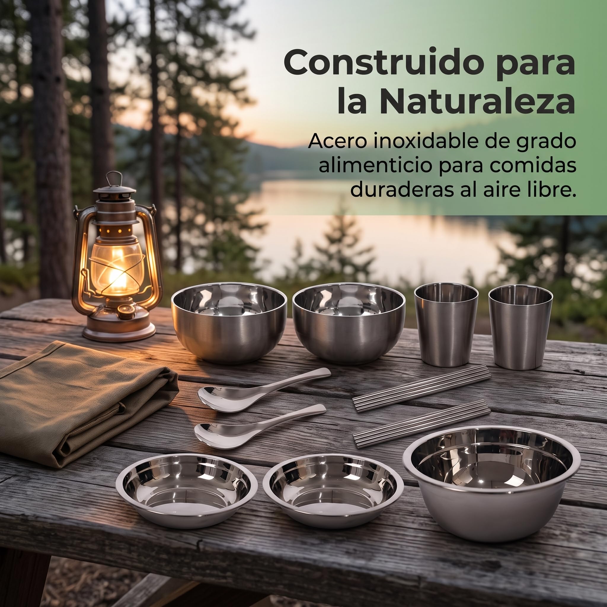 Set di da Campeggio in Acciaio Inox, Kit di Posate Portatile e Riutilizzabile per Campeggio ed Escursioni, con Borsa in Rete