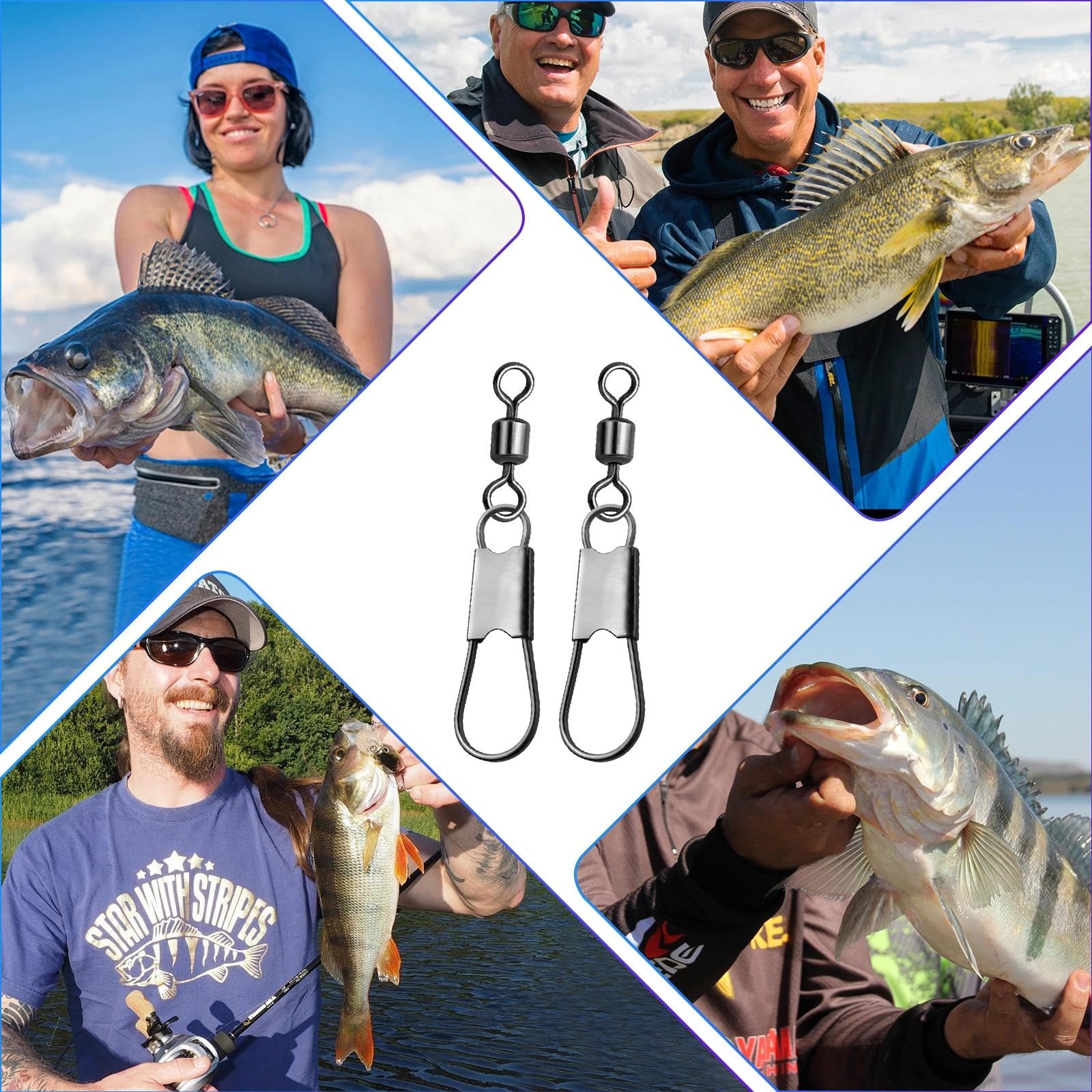 Natufish Girelle a scatto da pesca e girelle a barilotto – Confezione da 50 clip girevoli in acciaio inox resistente alla corrosione per acqua salata/acqua dolce con blocco di sicurezza e cuscinetto a