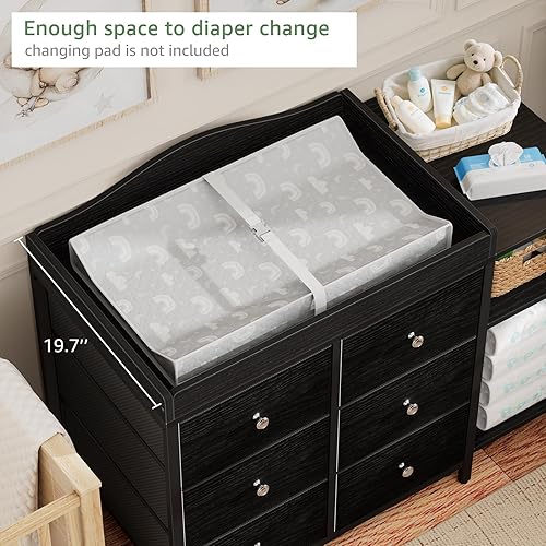 Miniatura 4 de BOLUO Cómoda para bebé con cambiador, cambiador negro con 6 cajones de tela, estación de cambio de pañales con estante de almacenamiento para