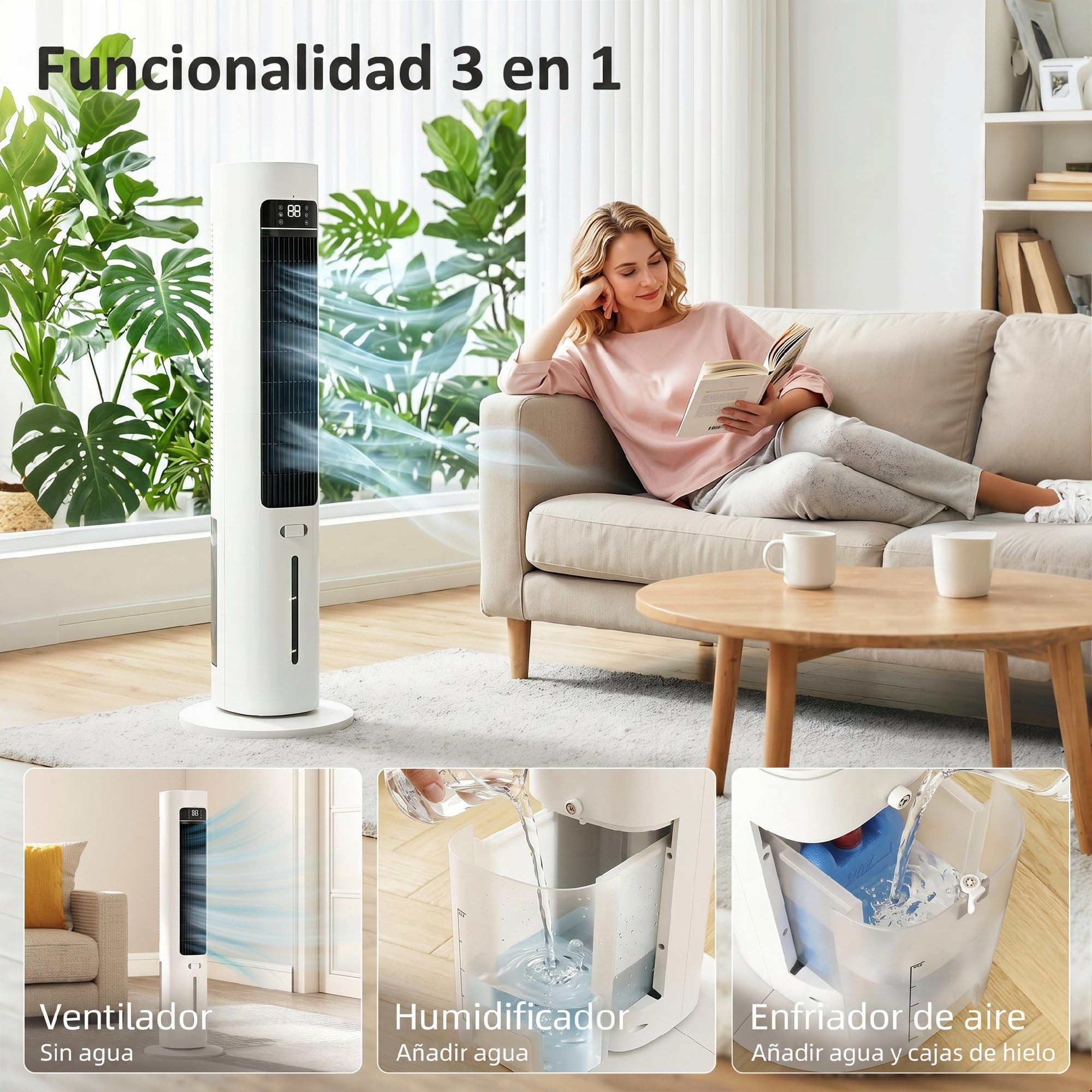 HOMCOM Climatizador Evaporativo de Torre 3 en 1, Enfriador de Aire Portátil con Depósito de 3 L, Oscilación 48°, 3 Velocidades, 3 Modos, Temporizador 12h y Mando a Distancia, 2 Acumuladores de Frío
