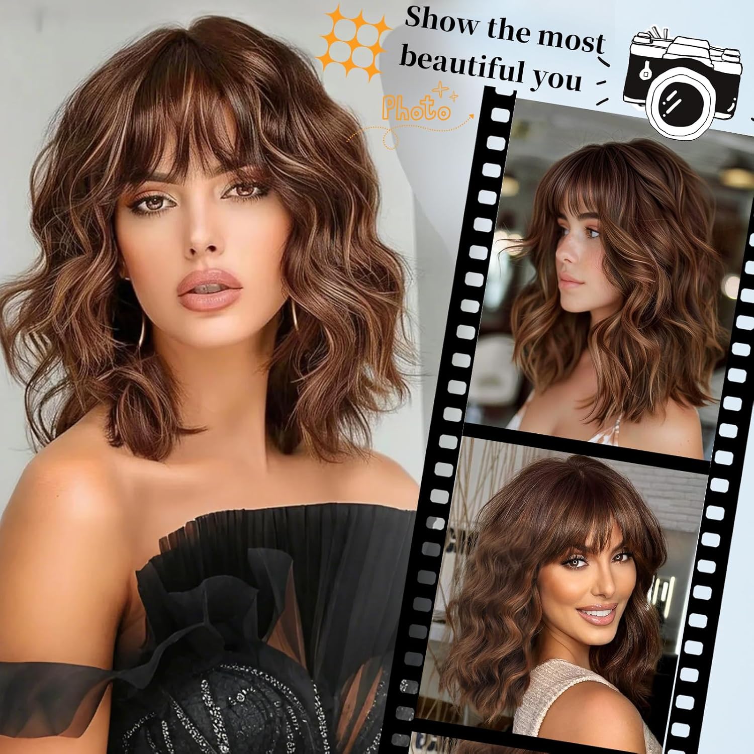 Lativ Brown Wigs with Bangs Bob Curly Wavy Highlight Hair with Dark Roots Short Wig for Women Natural Synthetic Fiber Shoulder Length for Cosplay Daily Use - Image 6