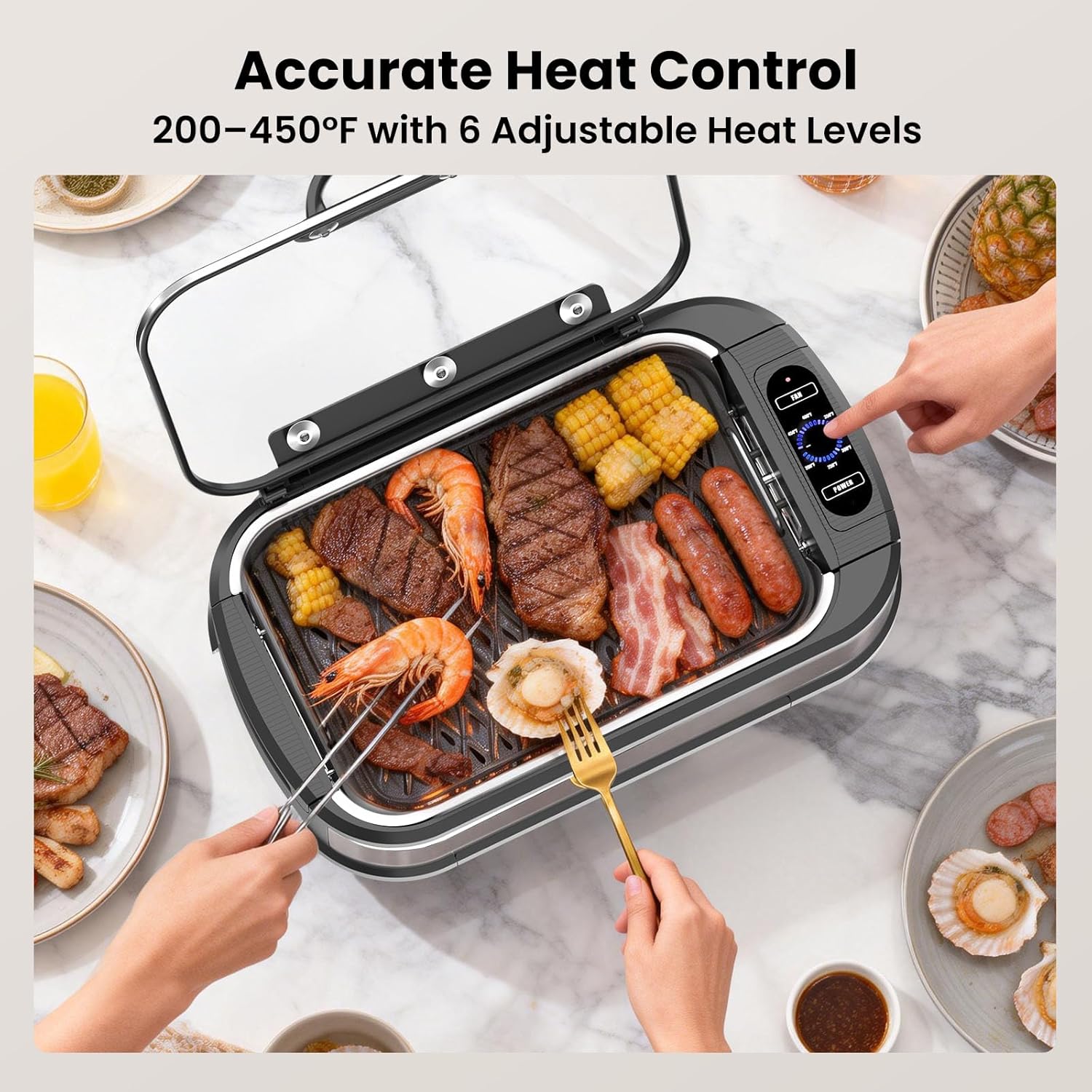 Smokeless Electric Grill & Griddle for Indoor Cooking, Nonstick Contact Grill with 6-Level Temperature Control, Dishwasher Safe Plates, Auto Shut-Off, Ideal for Kitchen, Apartment, Home