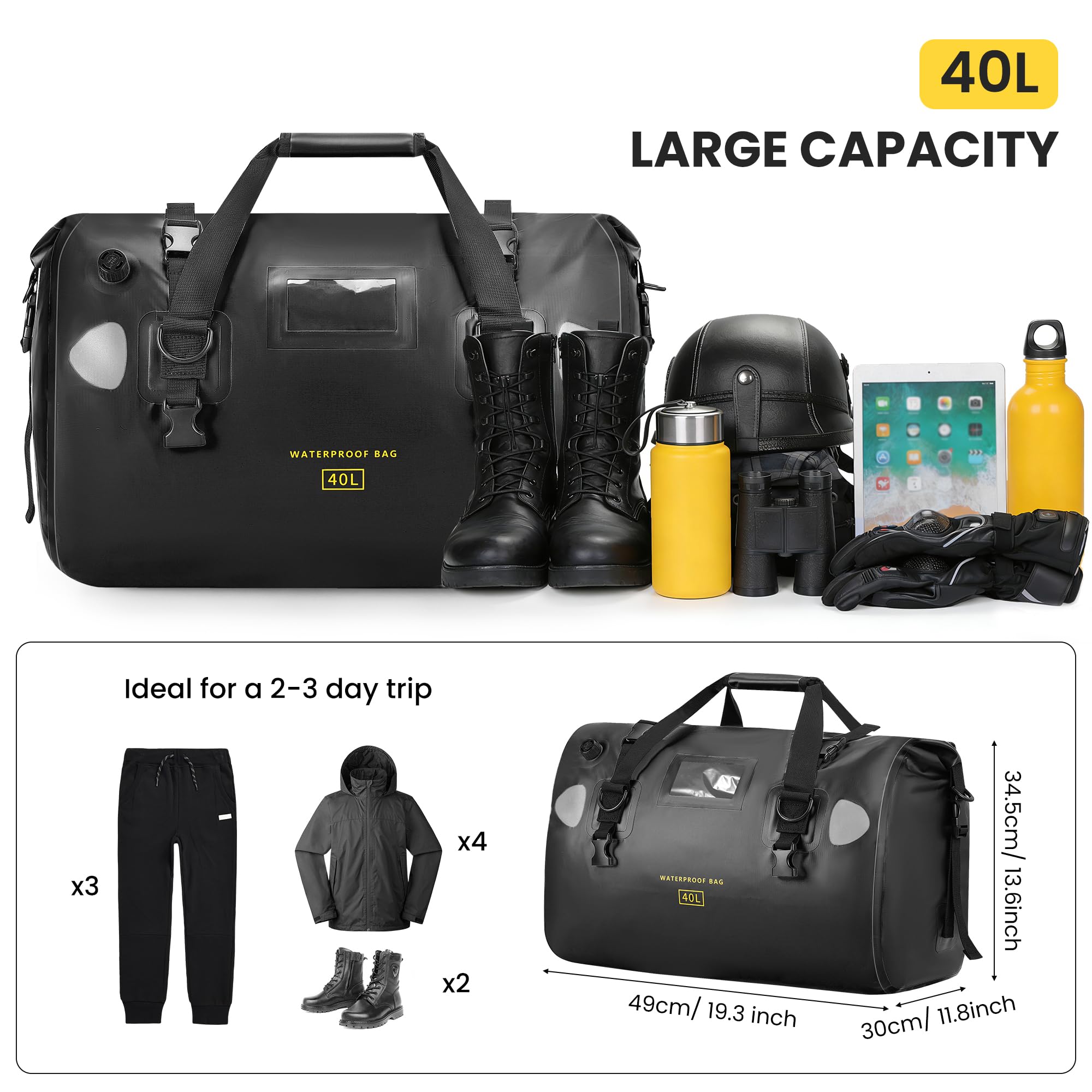 HOMIEE Bolsa trasera para motocicleta, 40 L, impermeable, bolsa grande con correas de cierre rápido, para turismo, camping, motociclismo, ciclismo, deportes acuáticos (negro)