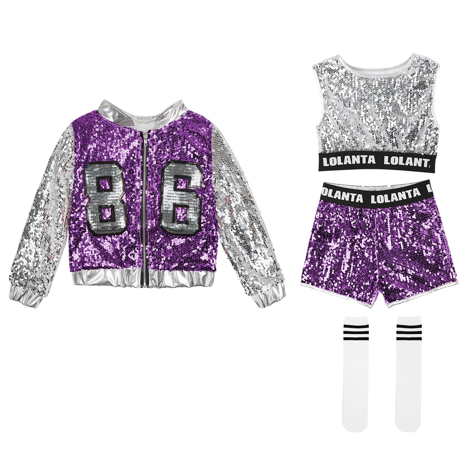 LOLANTA 4 Pcs Filles Paillettes Danse Costume Enfants Hip Hop Stree Dance Vêtements Ensemble Attacher des Chaussettes, 4-15 ans