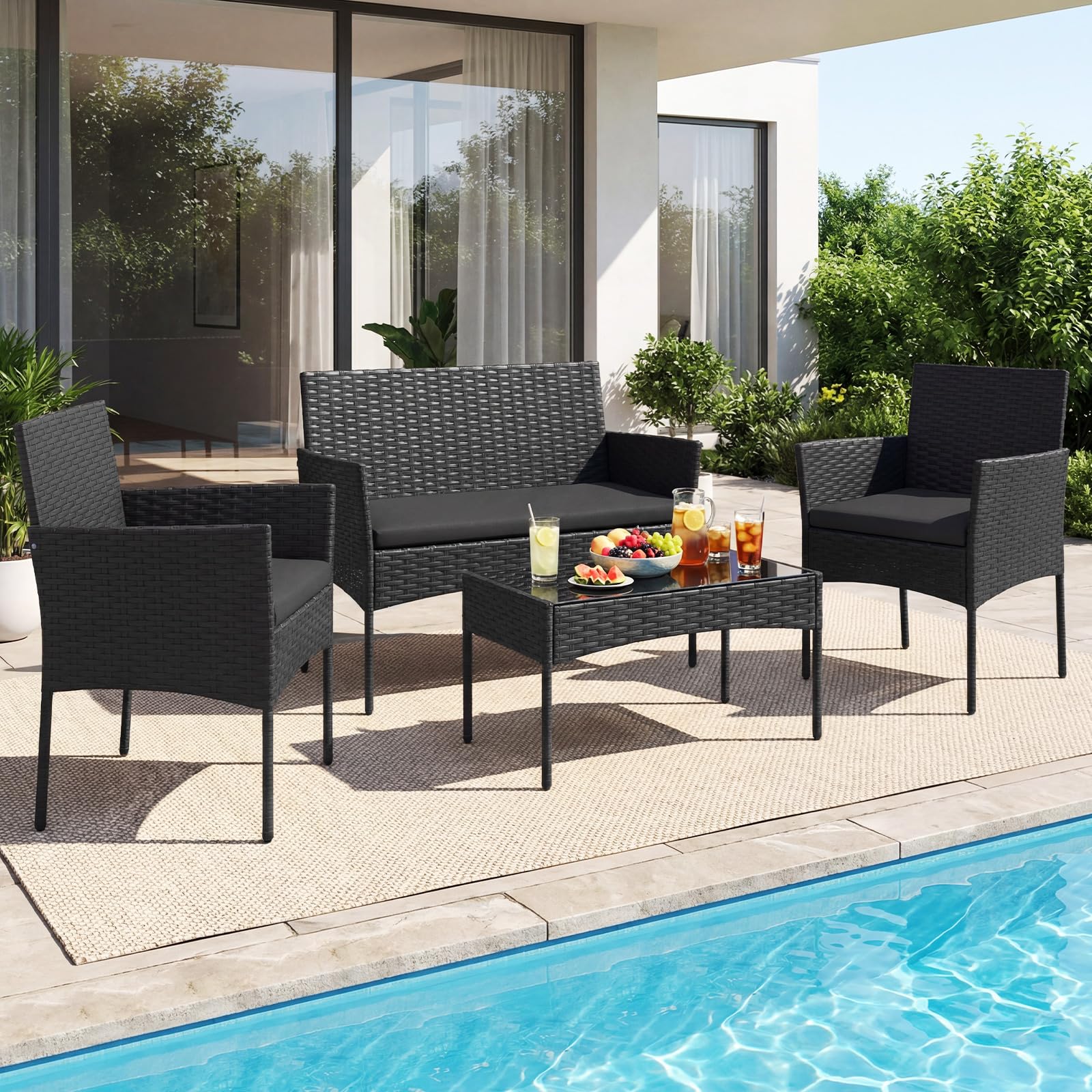 COSTWAY Ensemble Salon de Jardin 4 Pièces en Résine, Mobilier d'Extérieur avec 2 Fauteuils Canapé 2 Places Table Basse Plateau en Verre Trempé Coussins Amovibles, pour Terrasse Jardin (Noir+Noir)