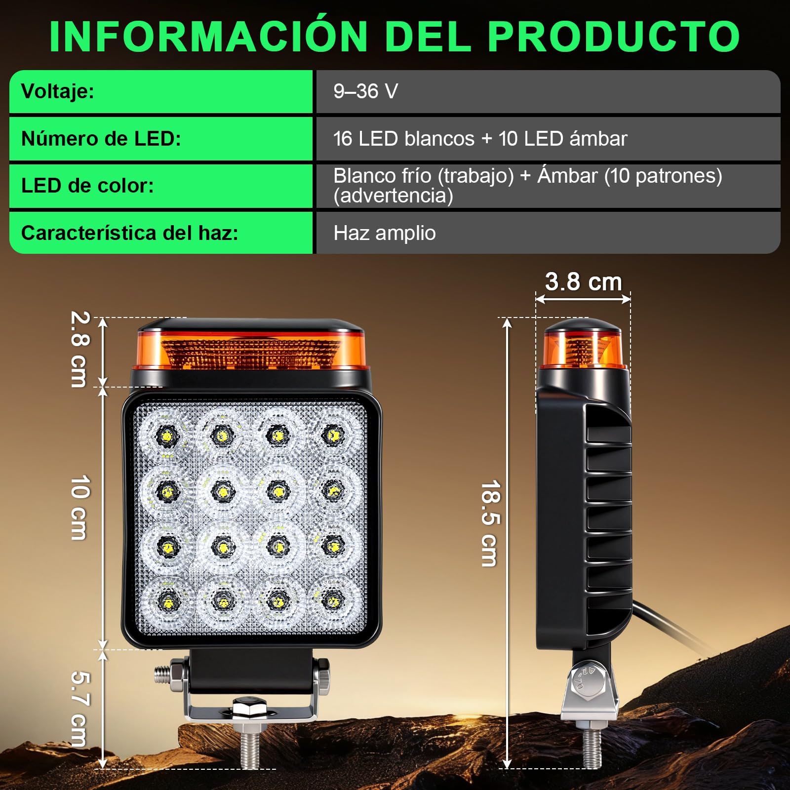 2x Faros de Trabajo LED con Luz de Advertencia (10 Modos), 18W 12V 24V Foco Adicional para Tractor, Camión y Excavadora, IP68 Impermeable y Resistente al Barro, 2 en 1 Luz de Marcha Atrás