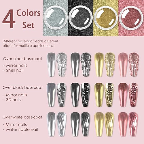 Miniatura 4 de Allstarry Gold and Silver Chrome Nail Powder, 4 Colors Metallic Effect Mirror Chrome Powder Pigment Holographic Manicure Pigment Gold Siver Pink
