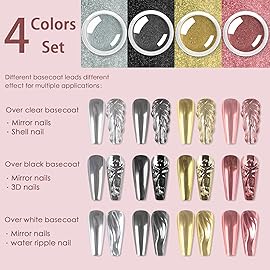 Allstarry Gold and Silver Chrome Nail Powder, 4 Colors Metallic Effect Mirror Chrome Powder Pigment Holographic Manicure Pigment Gold Siver Pink Chrome Nail Glitter
