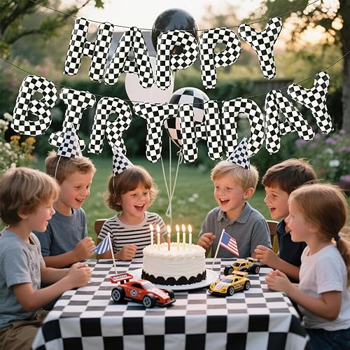 Miniatura 5 de Pancarta de Feliz Cumpleaños con Temática de Autos de Carreras Kit de Decoraciones de Fiesta con Globos de Autos de Carreras, Suministros de Fondo a