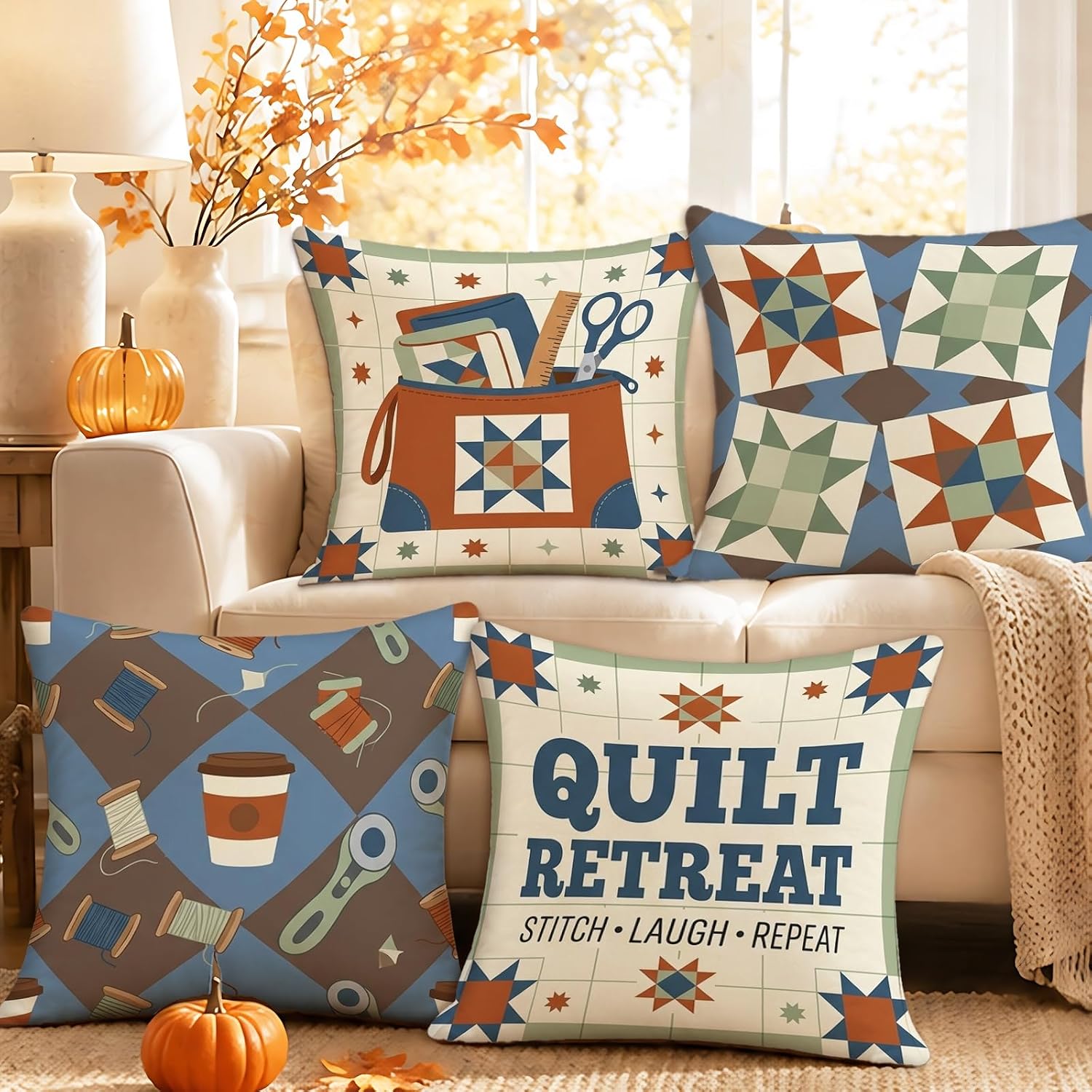 Quilting Hobby Sewing Quote Supplies Throw Pillow Covers 18x18 Set of 4