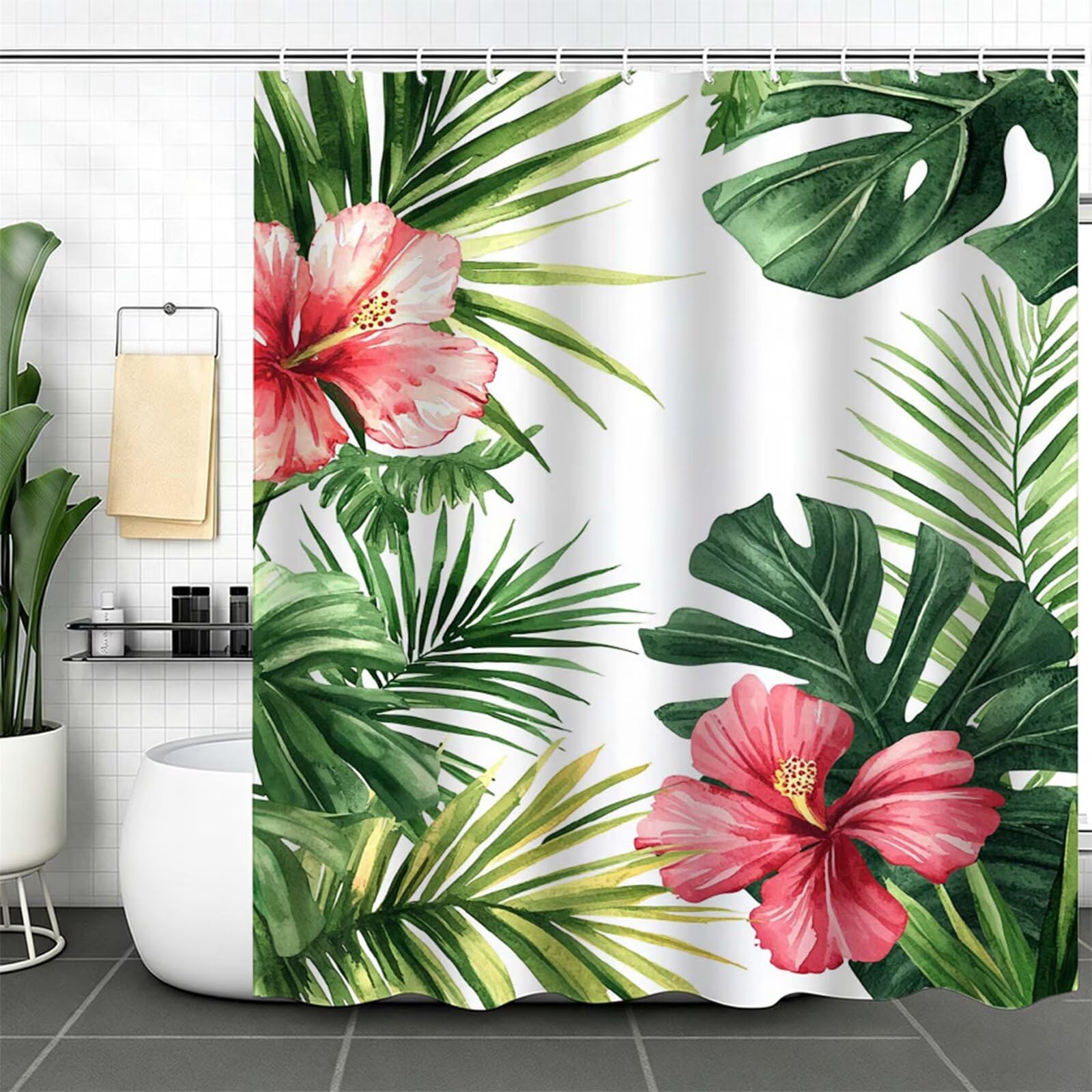 Tenda Doccia 180x240cm Bianco Tenda per Doccia con 12 Anelli, Bordo Ponderato, Polyester Tessuto Lavabile, Asciugatura Rapida, Facile da Pulire, per Bagno Dormitorio Hotel Piante tropicali J-657
