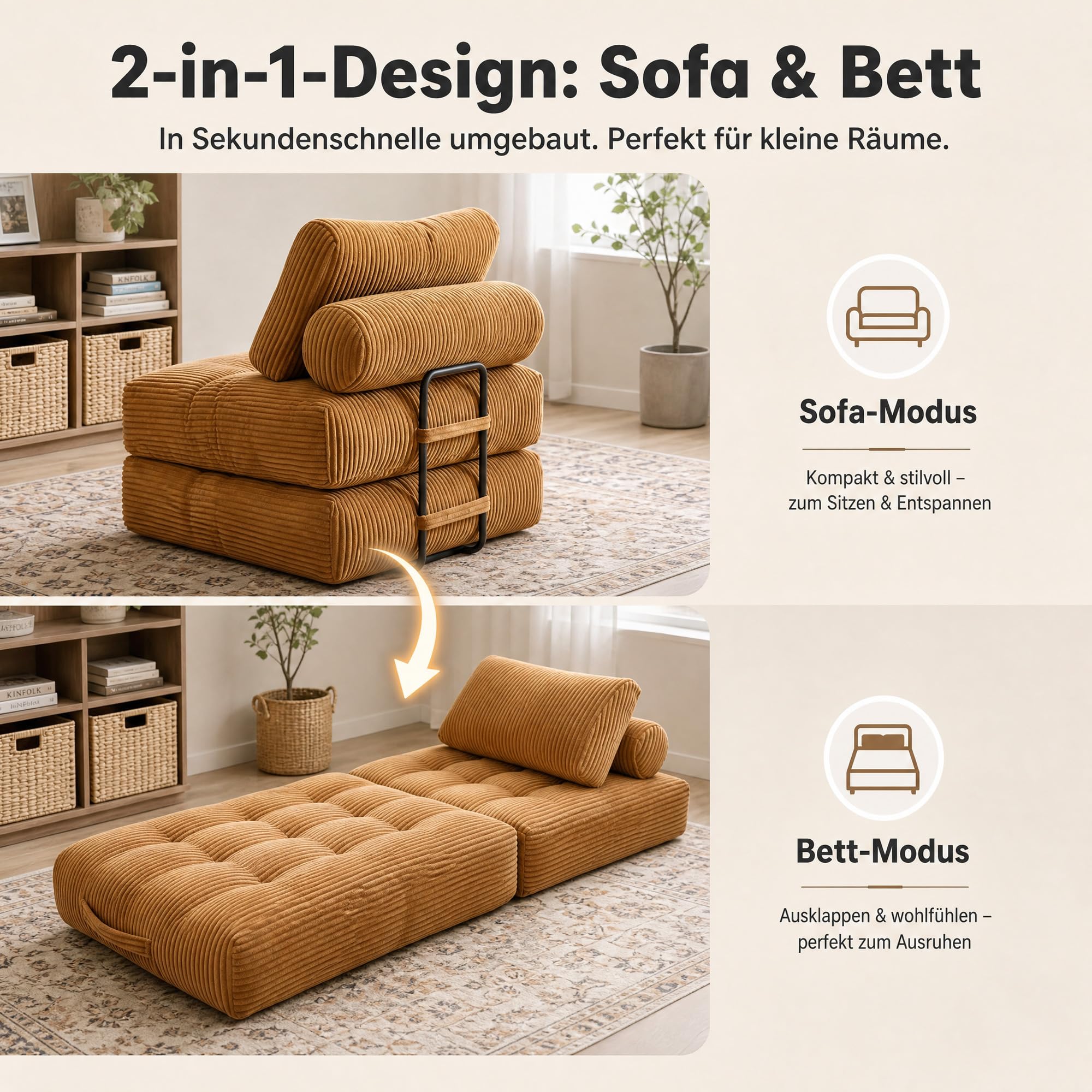 Schlafsessel mit Schlaffunktion Cord Beige - 2-in-1 Klappsofa Gästebett