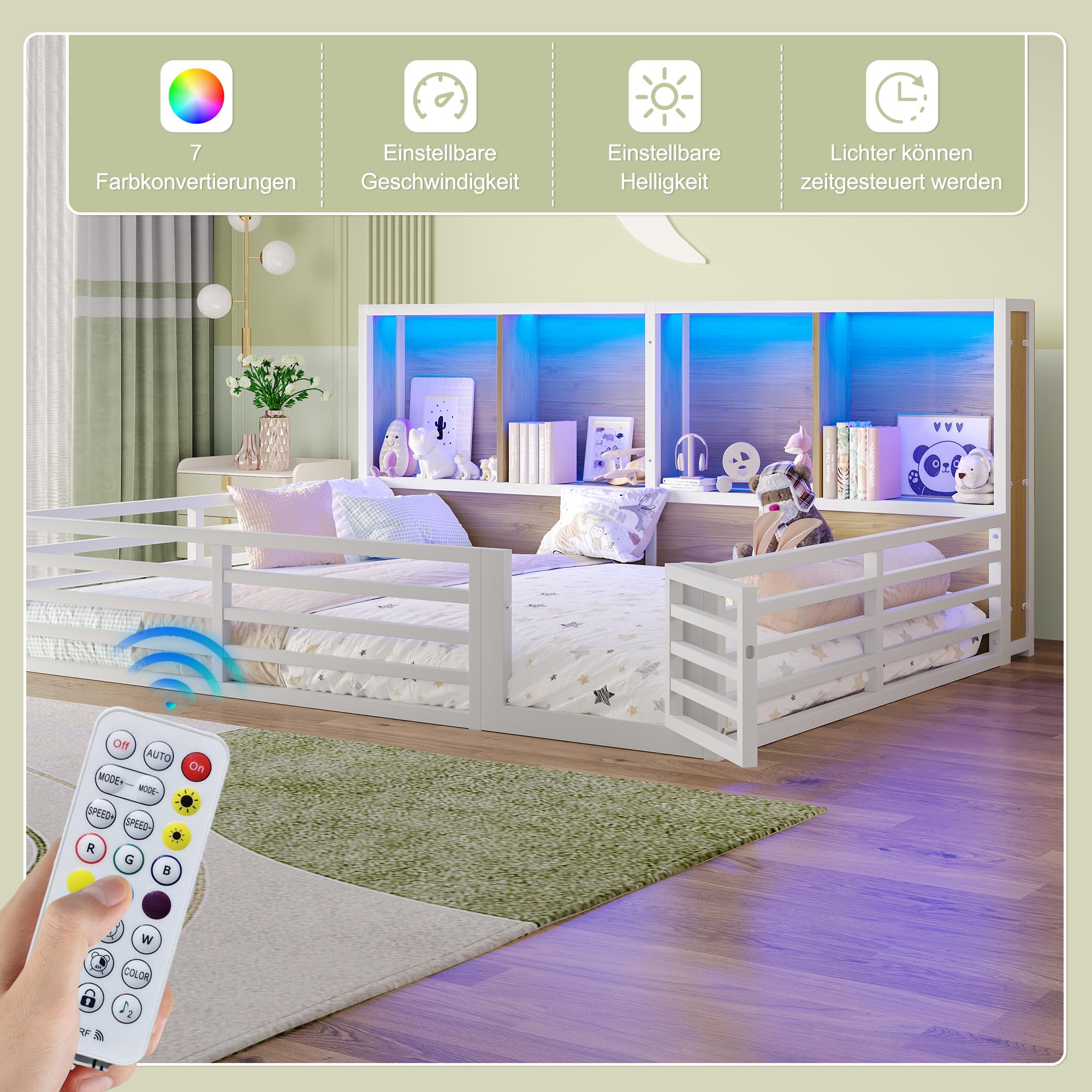 Bodenbett 140x200 mit LED-Beleuchtung, Kinderbett mit Stauraumfach und Rausfallschutz aus Metall inkl. Lattenrost und Tür, Montessori Bett Gitterbett Kinder Jugendbett Doppelbett, Ohne Matratze, Weiß
