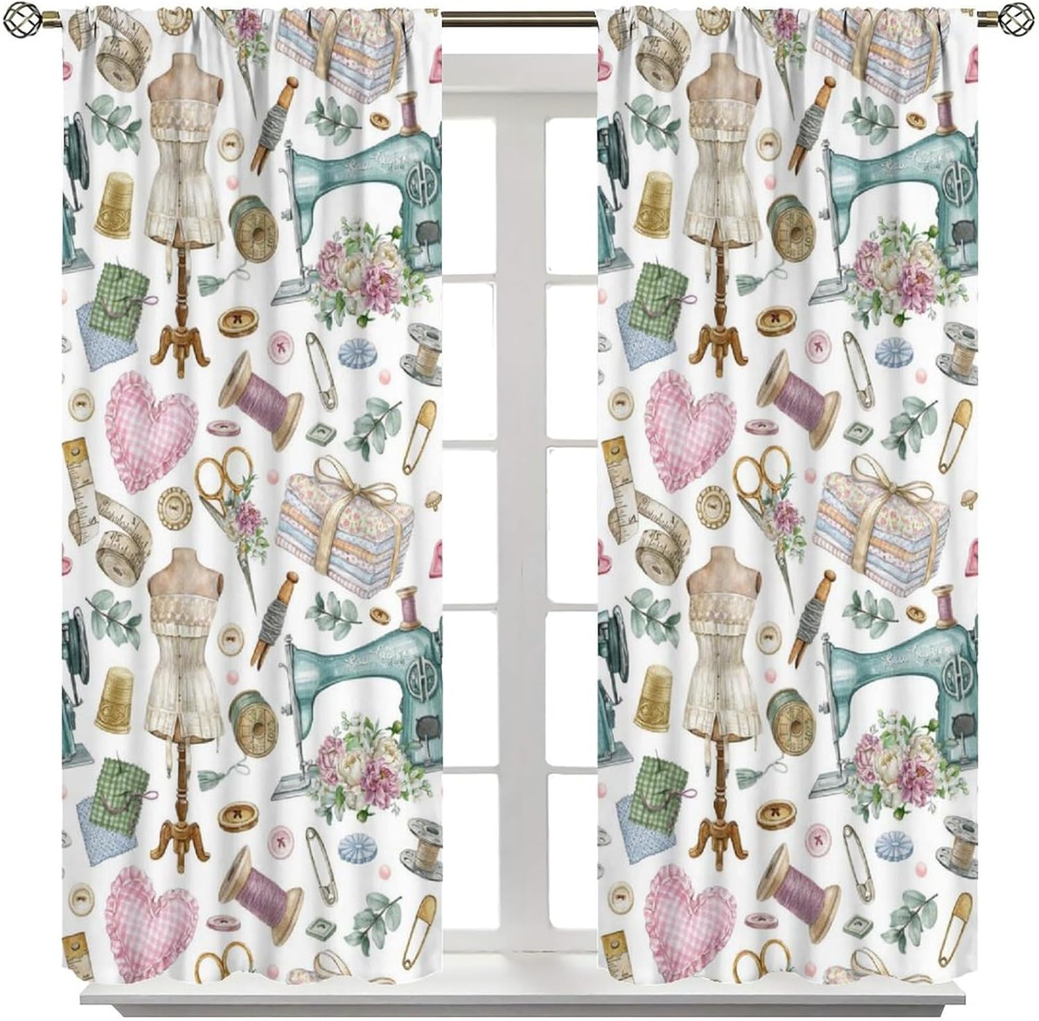 Sewing Theme Window Curtain,Vintage Sewing Machine Tool Watercolor Pattern Print Blackout Curtains for Bedroom Cafe Dining Room Office Living Room Kitchen Drapes, 42x63 in