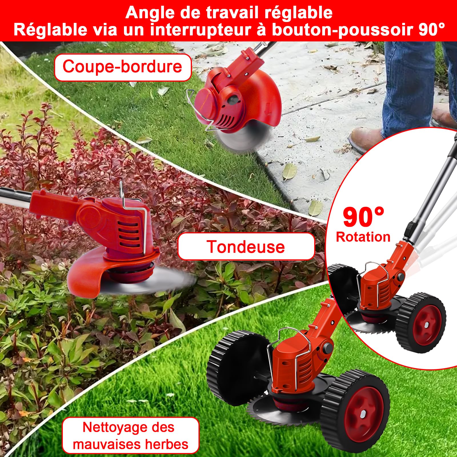 Debroussailleuse Electrique sans Fil Coupe Bordure 21V avec 2 Batteries 1.5Ah, Roues, 4 Type Lames, Poignée Réglable, Pliable, Tête Pivotante 90° pour Jardin Élagage