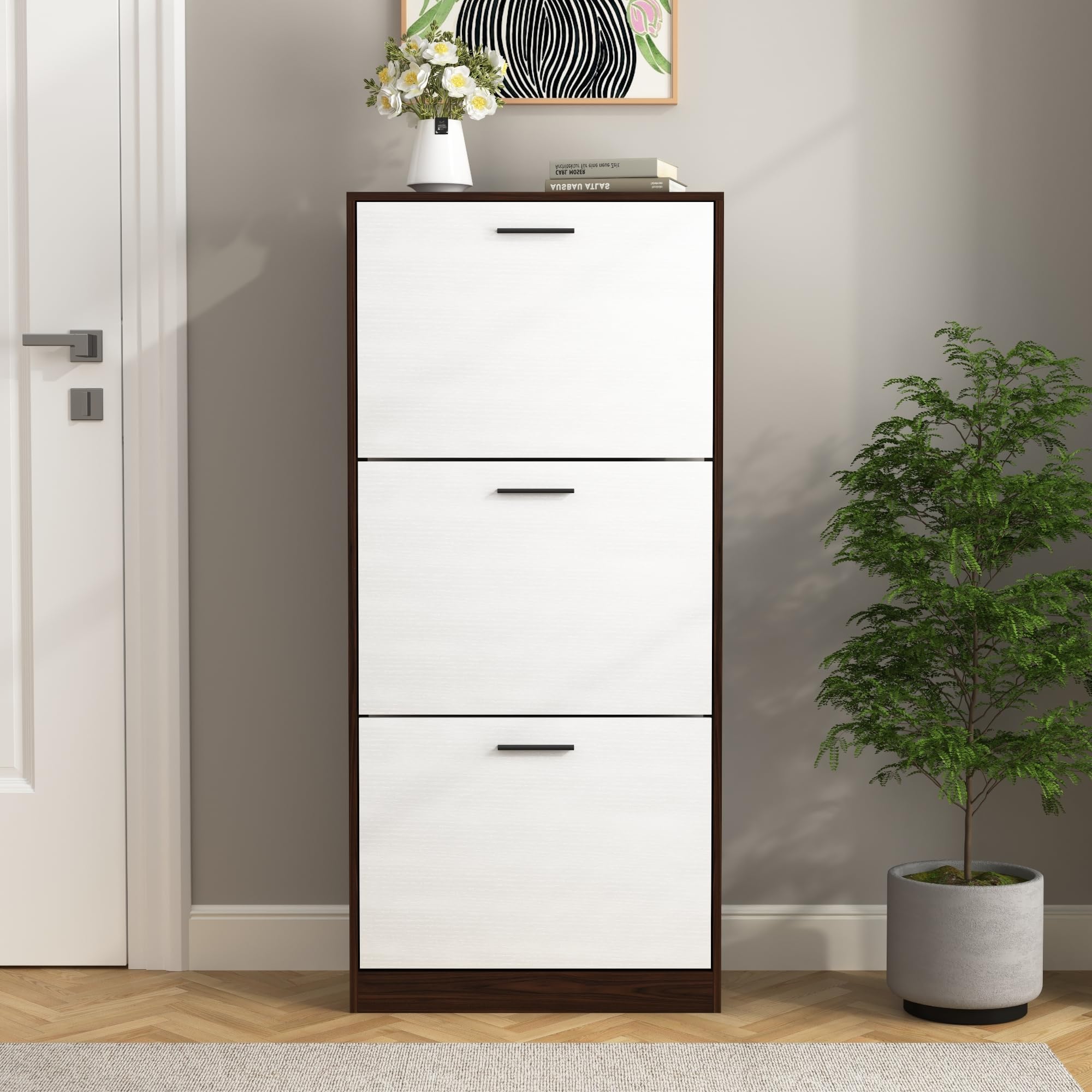 Vibe & Dine Shoe Storage Cabinet with Flip Drawers, Freestanding Shoe Organizer for Entryway Slim, Narrow Shoe Rack Cabinet with White Panel for Small