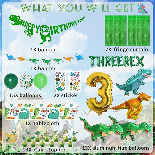 Miniatura 3 de Tres decoraciones de fiesta de cumpleaños Rex para niños, dinosaurios 3er cumpleaños suministros incluyen pancarta, mantel, cortinas con flecos,