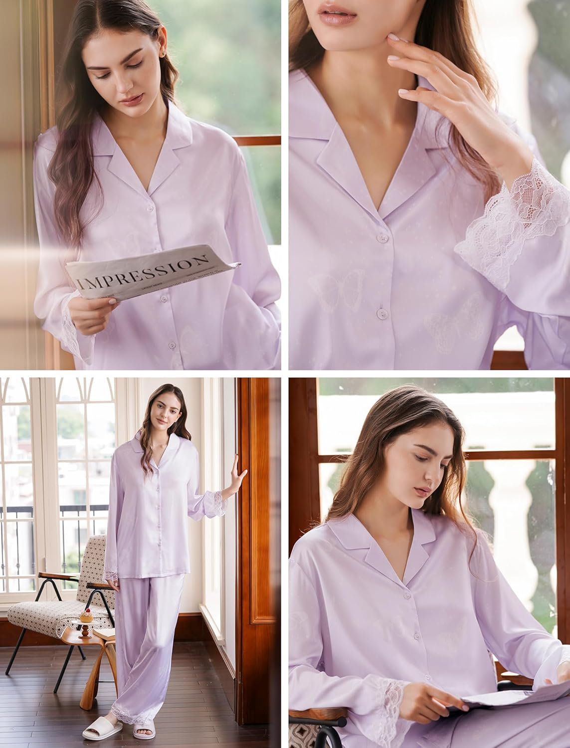 Satin Pajama Set for Women 2 Piece Long Sleeve Button Up Silky PJ Sets Loungewear Soft Satin Sleepwear with Pocket - Image 7
