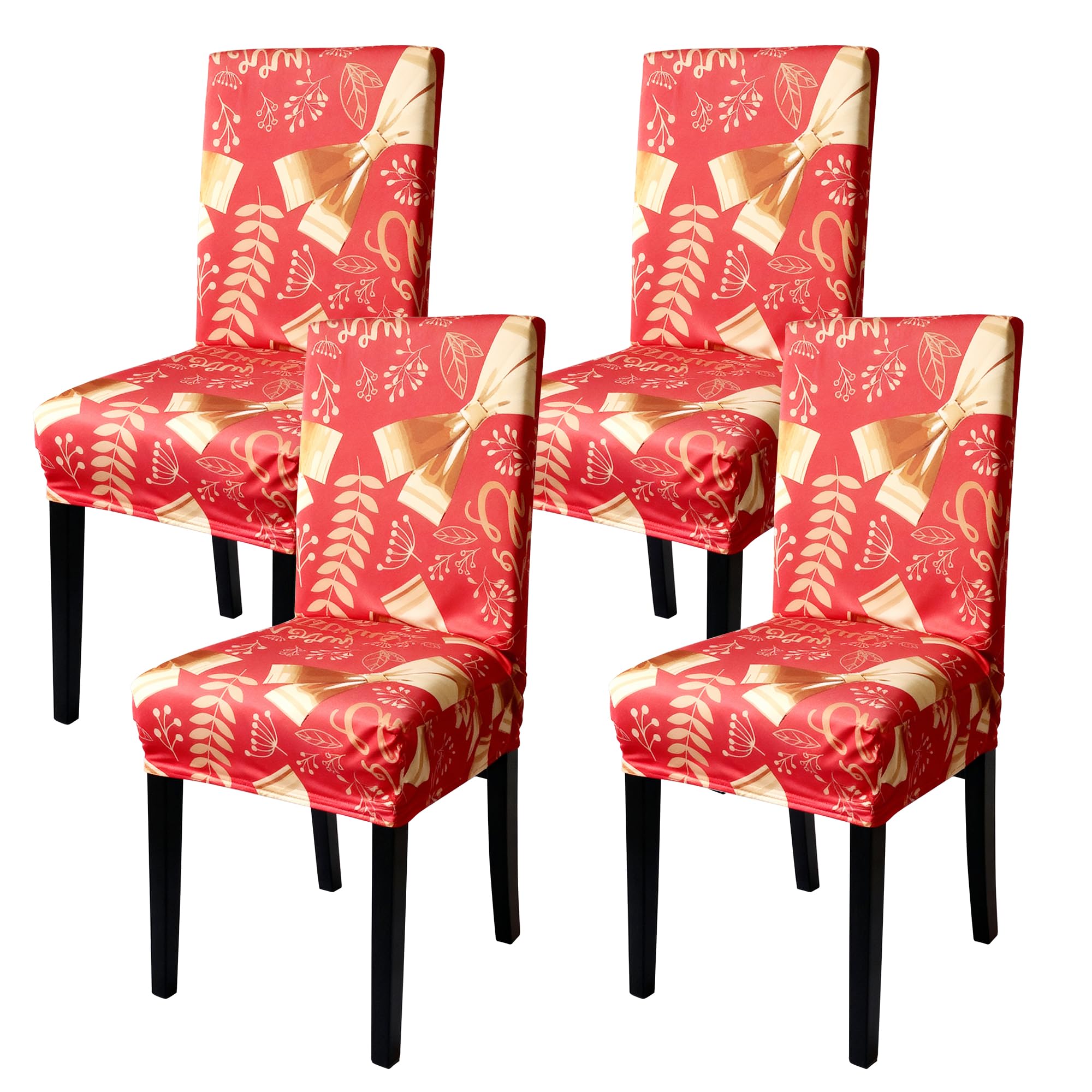 Printed High-Back Chair Covers for Dining Room Chairs Spandex Stretch, Universal Armless Chair Protective Slipcover for Kitchen, Party, Banquet & Hotel, Bow Ribbons & Tree Leaves - Red, Pack of 4