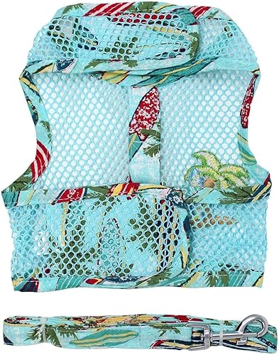 Vista 2 de Arnés de malla fresca para perro, chaleco para mascotas, diseño simple para entrar y salir, arnés para perros con correa, tablas de surf y palmas